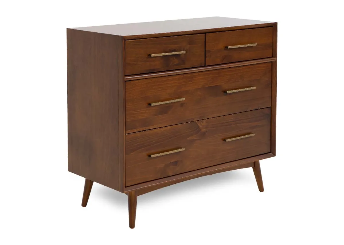 A pine 4 drawer chest from EZ Livings Leya range. Angled view of tapered feet