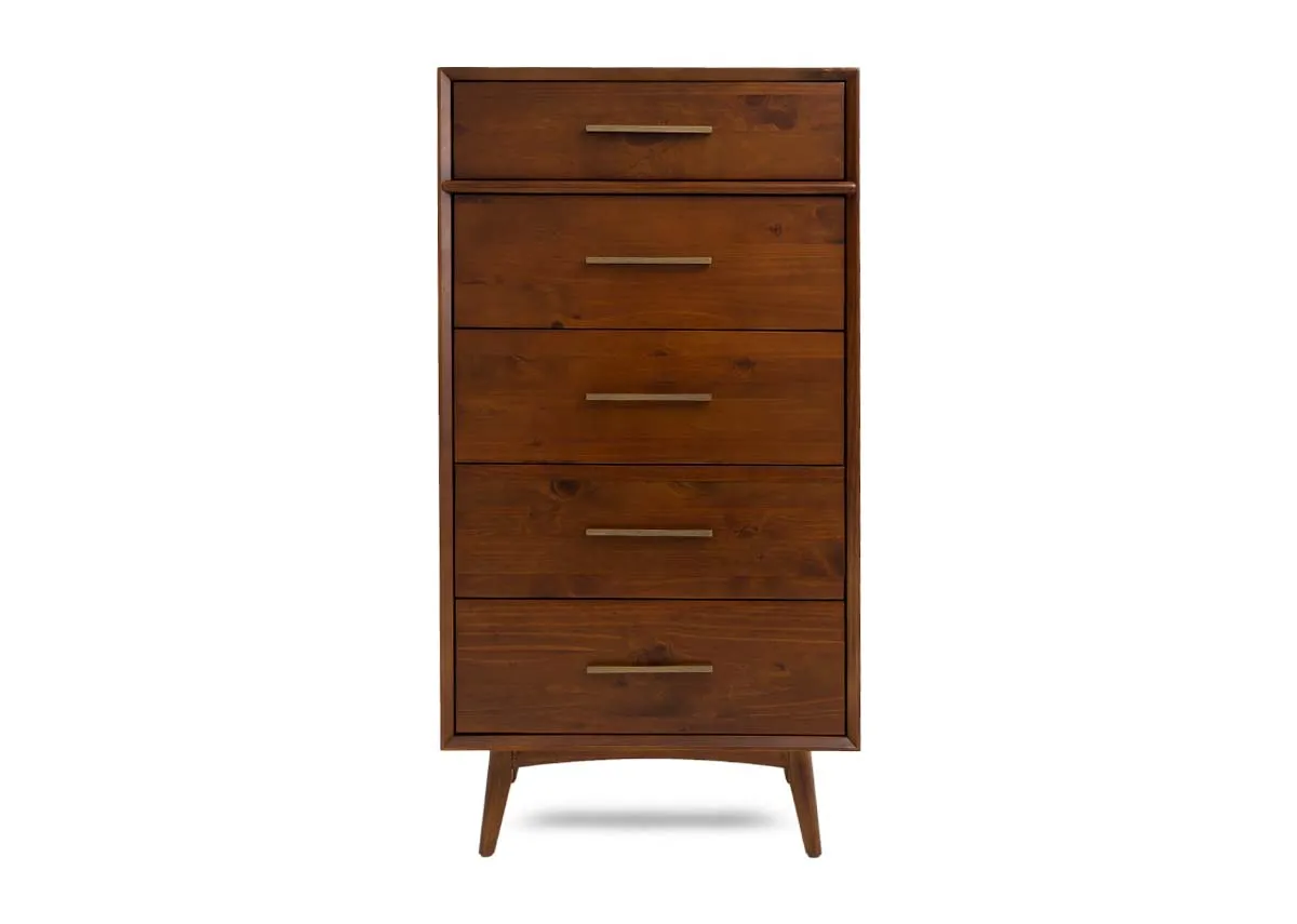 A pine 5 drawer tallboy chest from EZ Livings Leya range. Frotn view of long gold handles