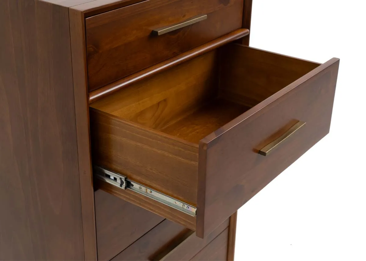A pine 5 drawer tallboy chest from EZ Livings Leya range. Closeup of drawer and gold handles