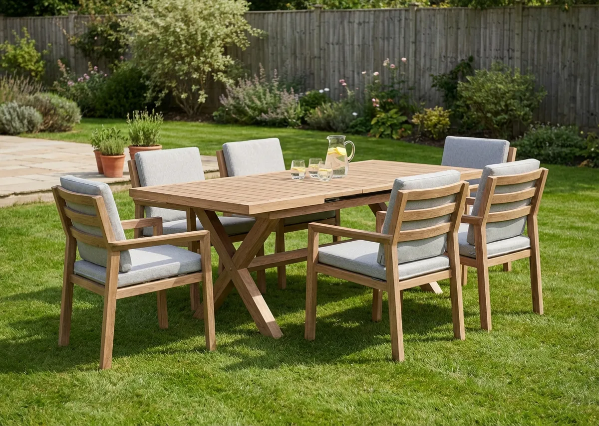 A set of 6 chairs and an extendable dining table from EZ Livings Bordeaux garden set. Front view of arrangement.