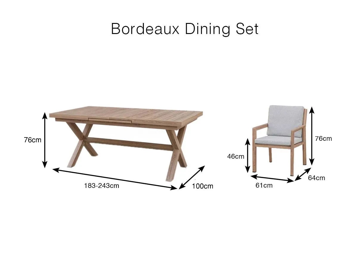 A dimension image of the Bordeaux dining set with 183-243 x 76 x 100 table 61cm x 76cm chair