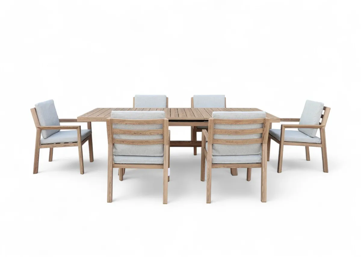 A set of 6 chairs and an extendable dining table from EZ Livings Bordeaux garden set. Front view of arrangement.