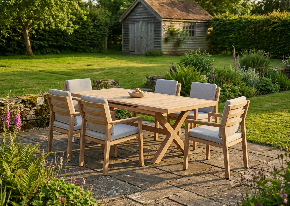 A lifestyle image of the Bordeaux Dining Table and 6 chairs in a garden setting with shed.