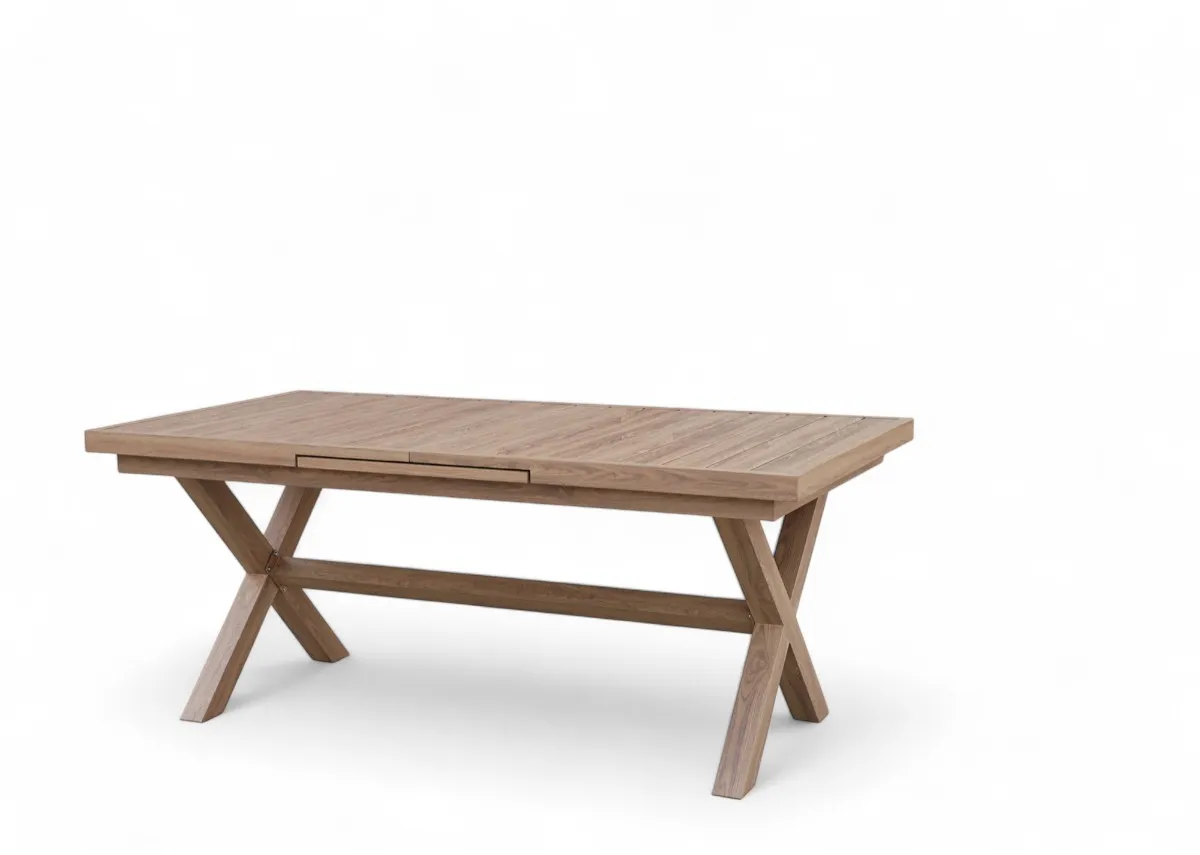 A set of 6 chairs and an extendable dining table from EZ Livings Bordeaux garden set. Front view of wood & aluminium frame chair with grey cushion