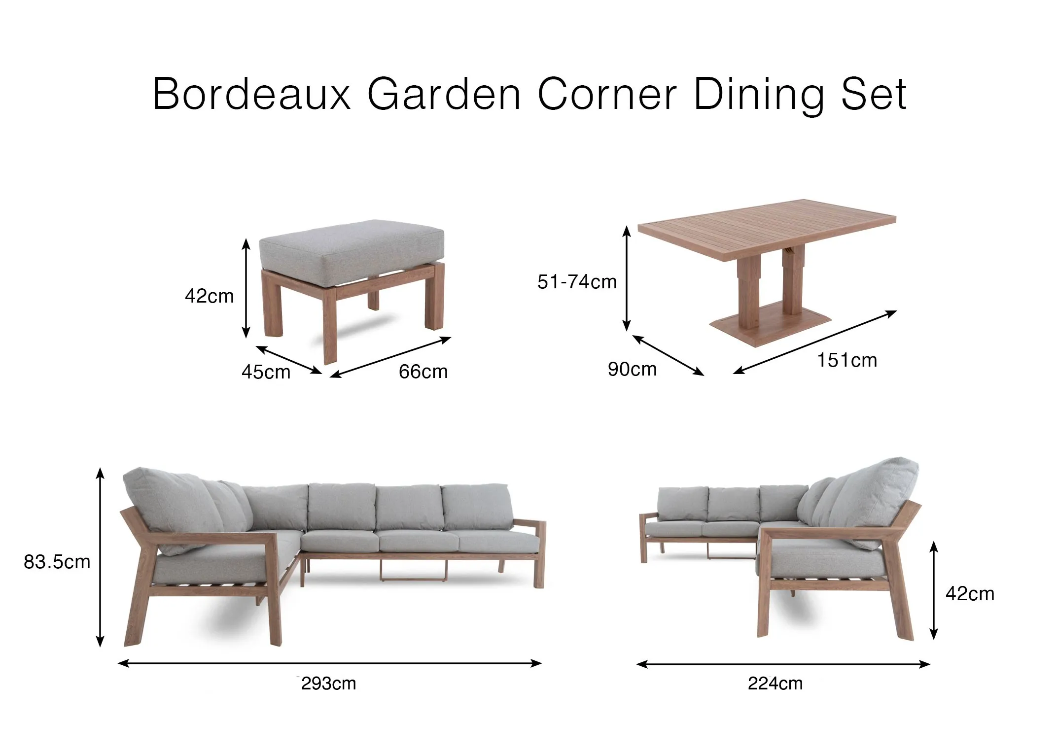 A dimension image of the Bordeaux Corner Garden set with 293cm x 224cm x 83.5cm