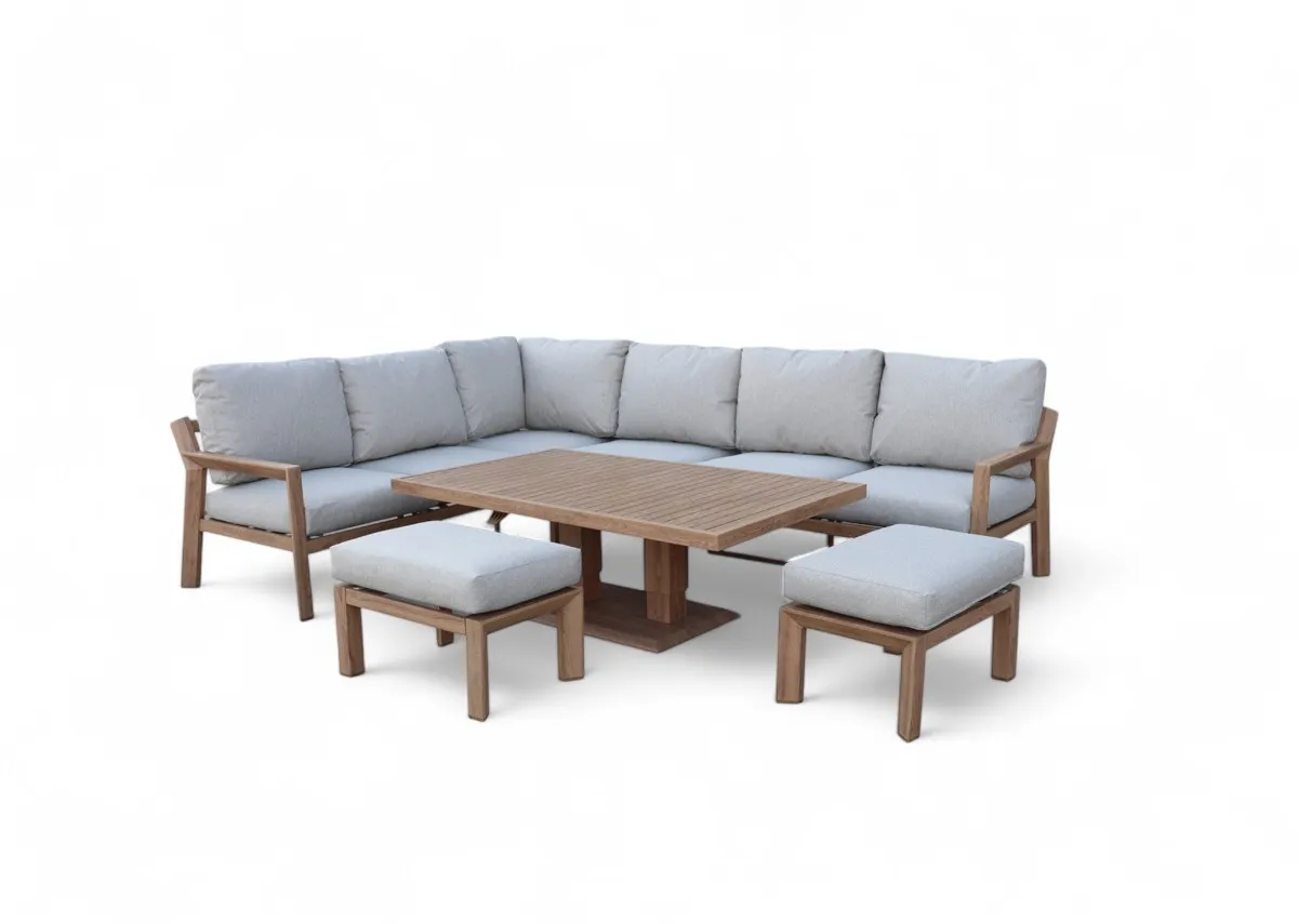 A corner lounge set with footstools and dining table EZ Livings Bordeaux range. Front view of grey cushions