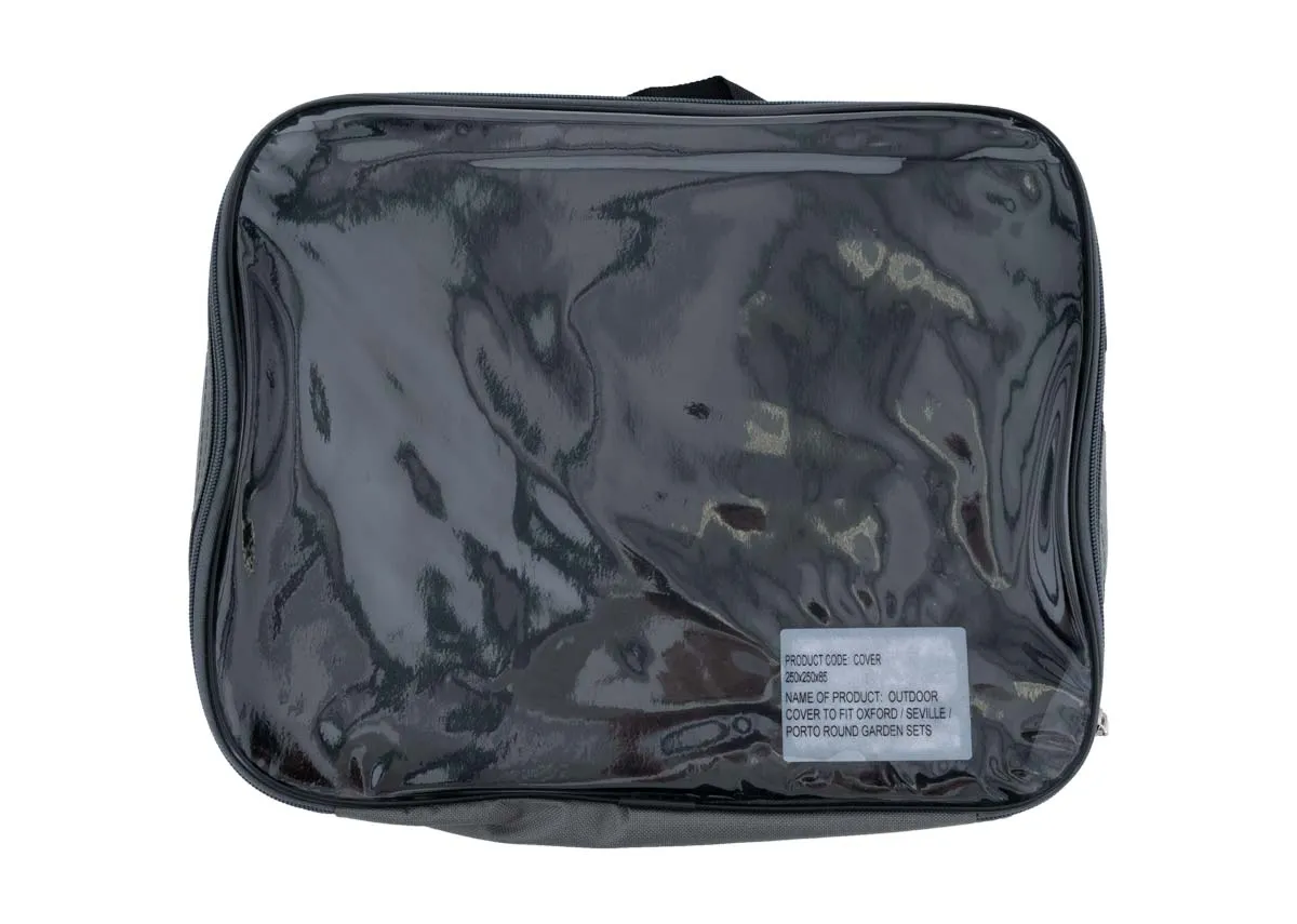 An outdoor cover for a round garden dining table from EZ Living Furniture. Front view of carrier bag.