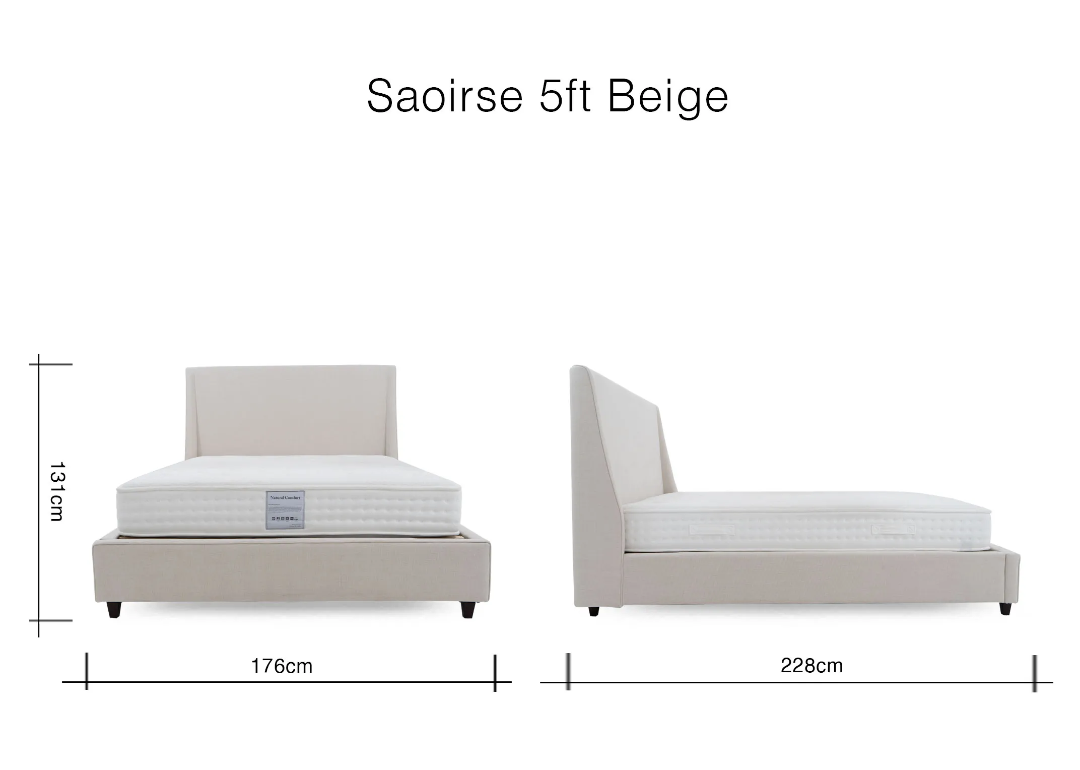 A dimension image of the Saoirse 5ft bed with 176cm x 228cm x 136cm