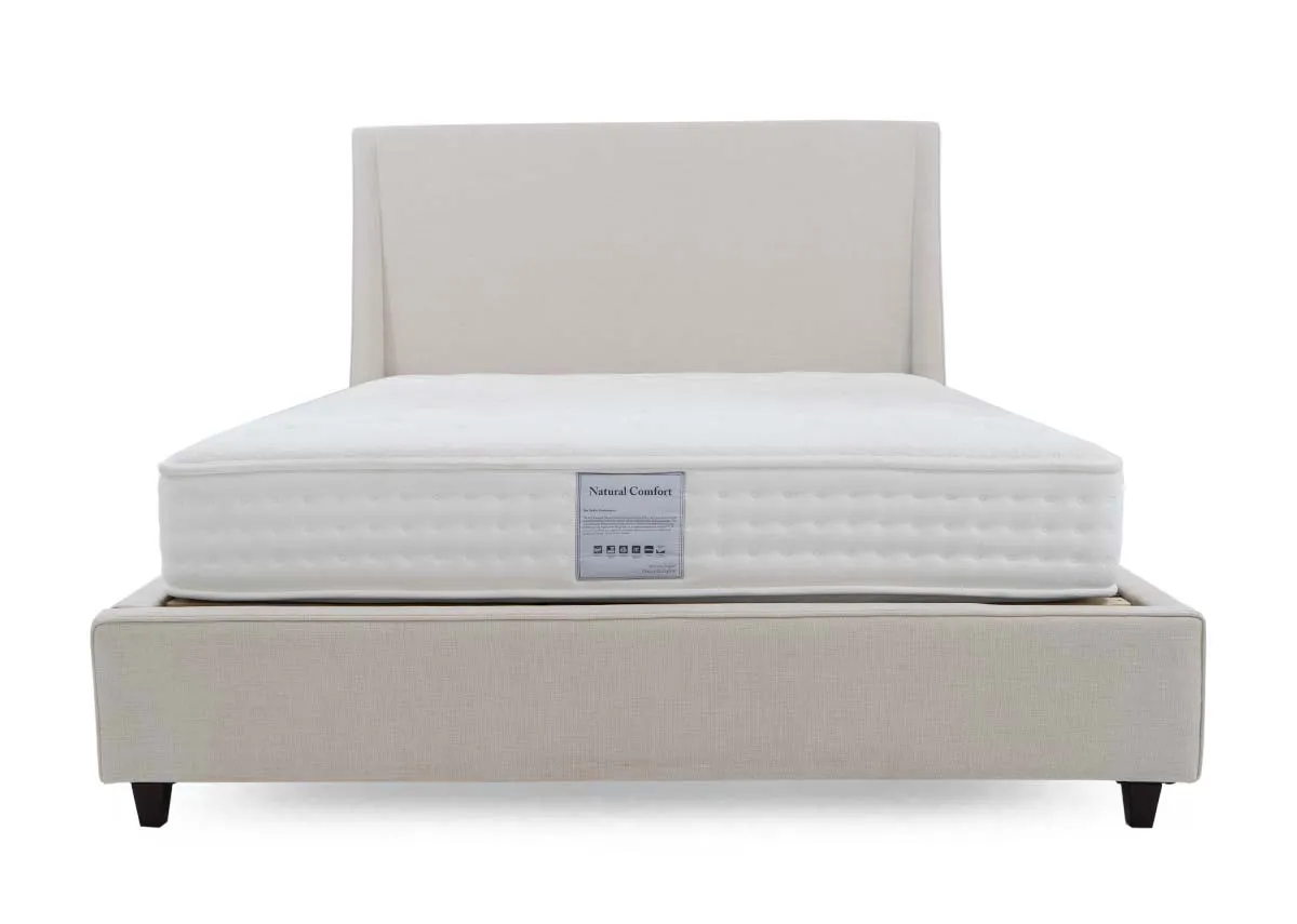 A beige fabric bed frame from EZ Livings Saoirse range. Front  view