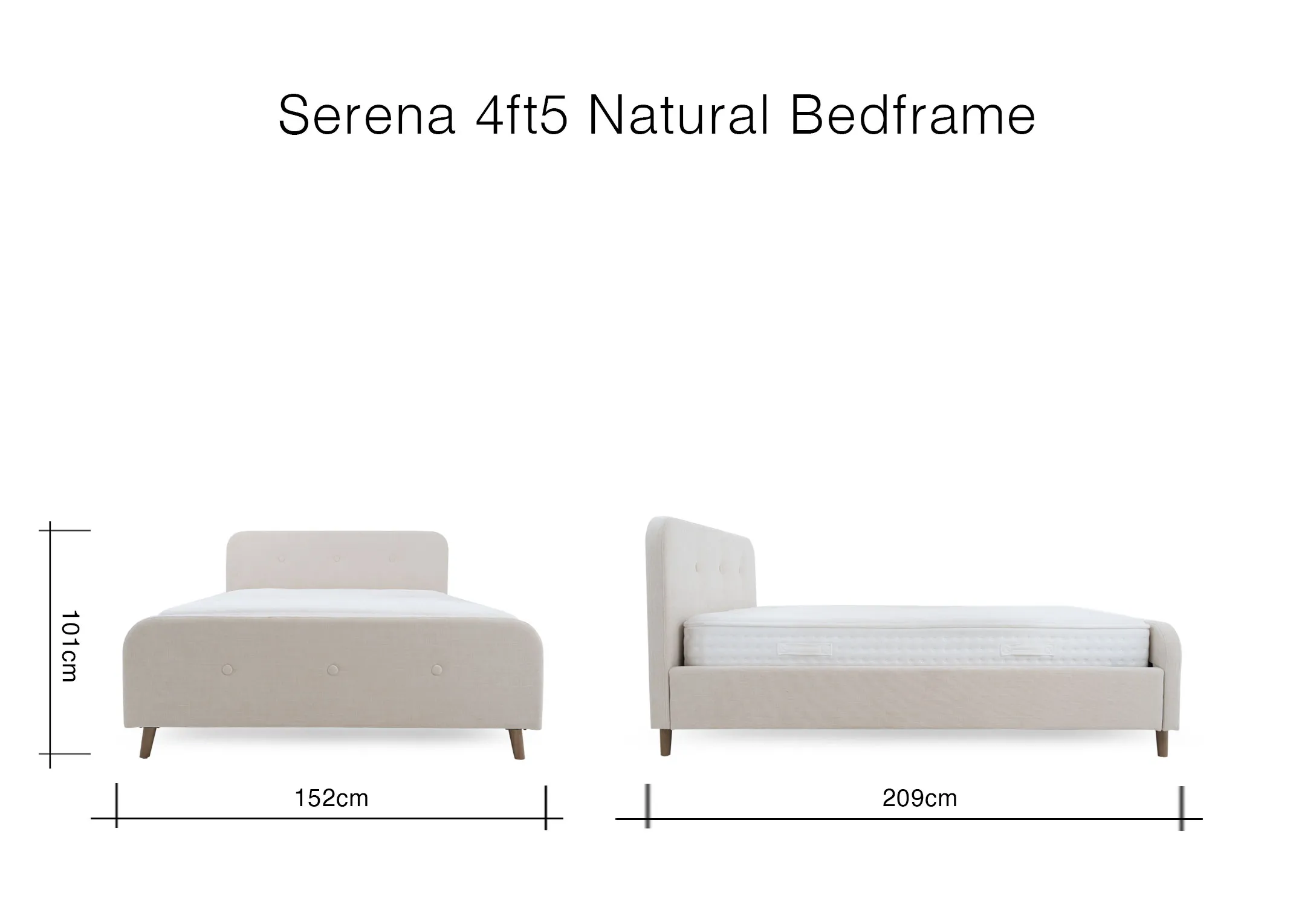 A dimension image of the Serena Bed with 209cm x 101cm x 152cm