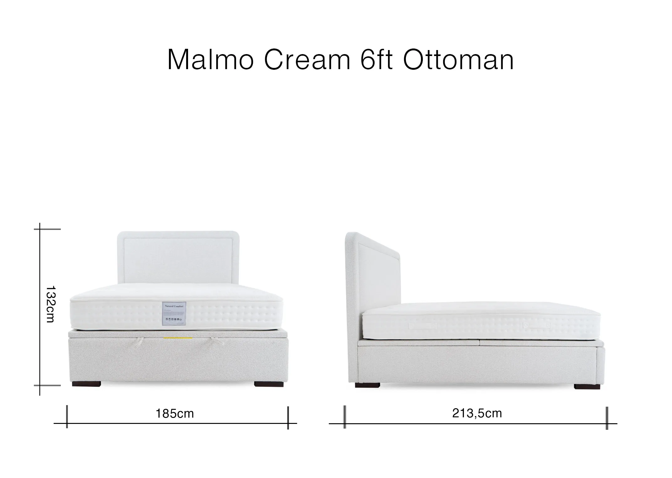 A dimension image of the Malmo cream 6ft bed with 185cm x 213.5cm x 133cm