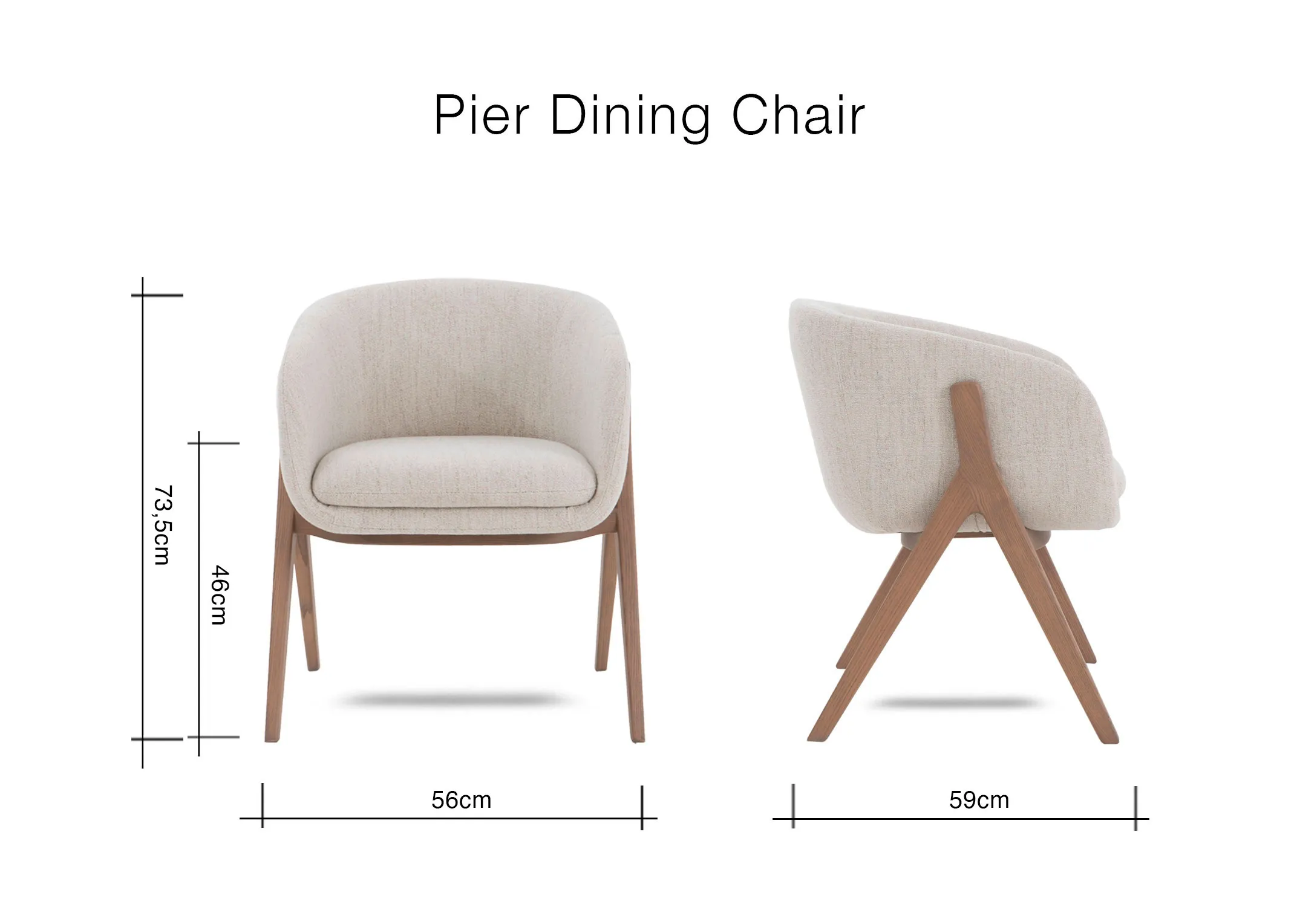 A dimension image of the pier dining hair with 56cm x 59cm x 72.5cm