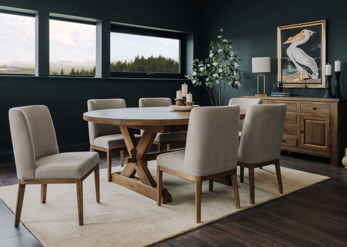 A lifestyle image of the Baxos sining table & sideboard with grey dining chairs and Pelican picture.