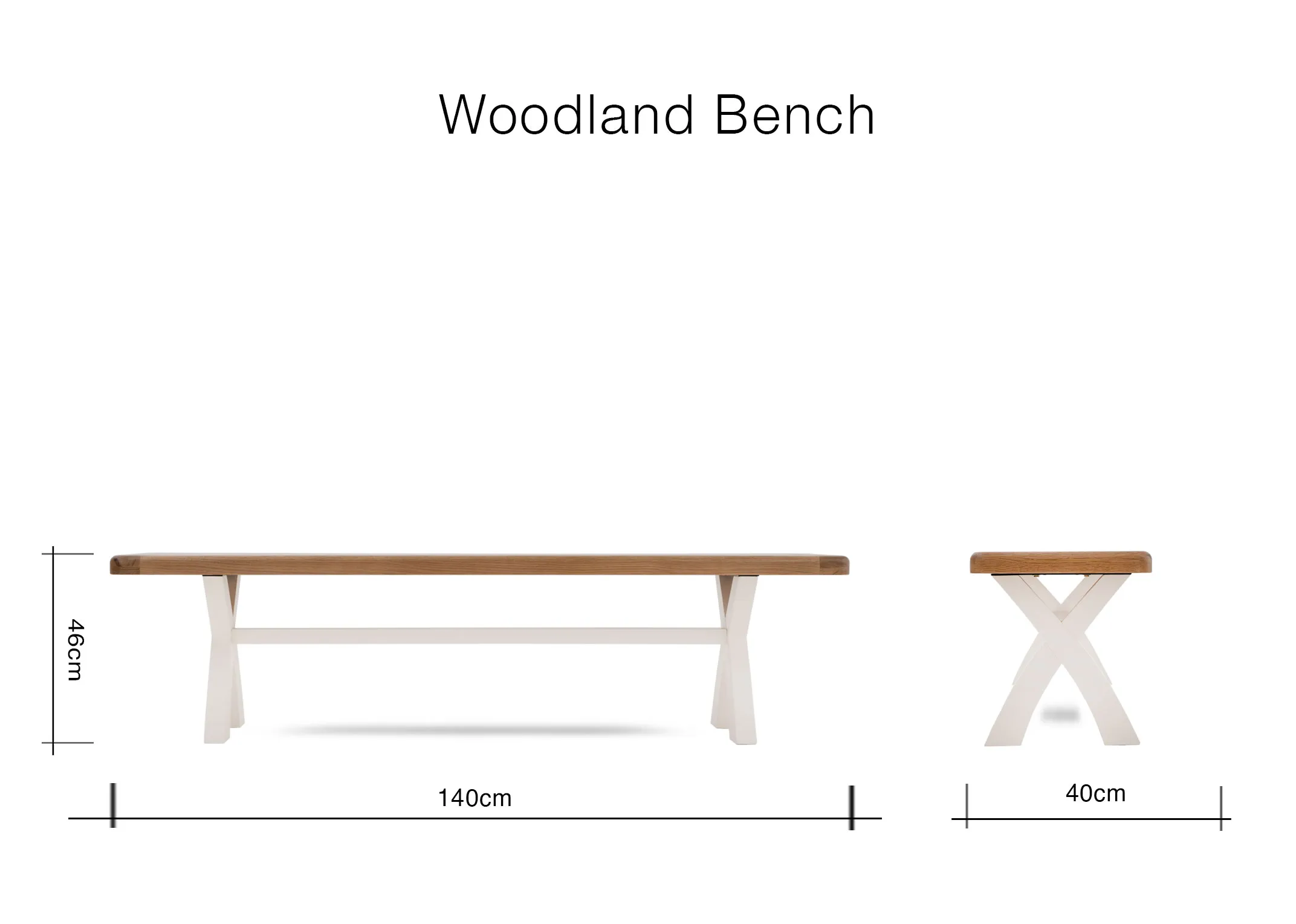 A dimension image of the Woodland Bench with 140cm x 40cm x 46cm