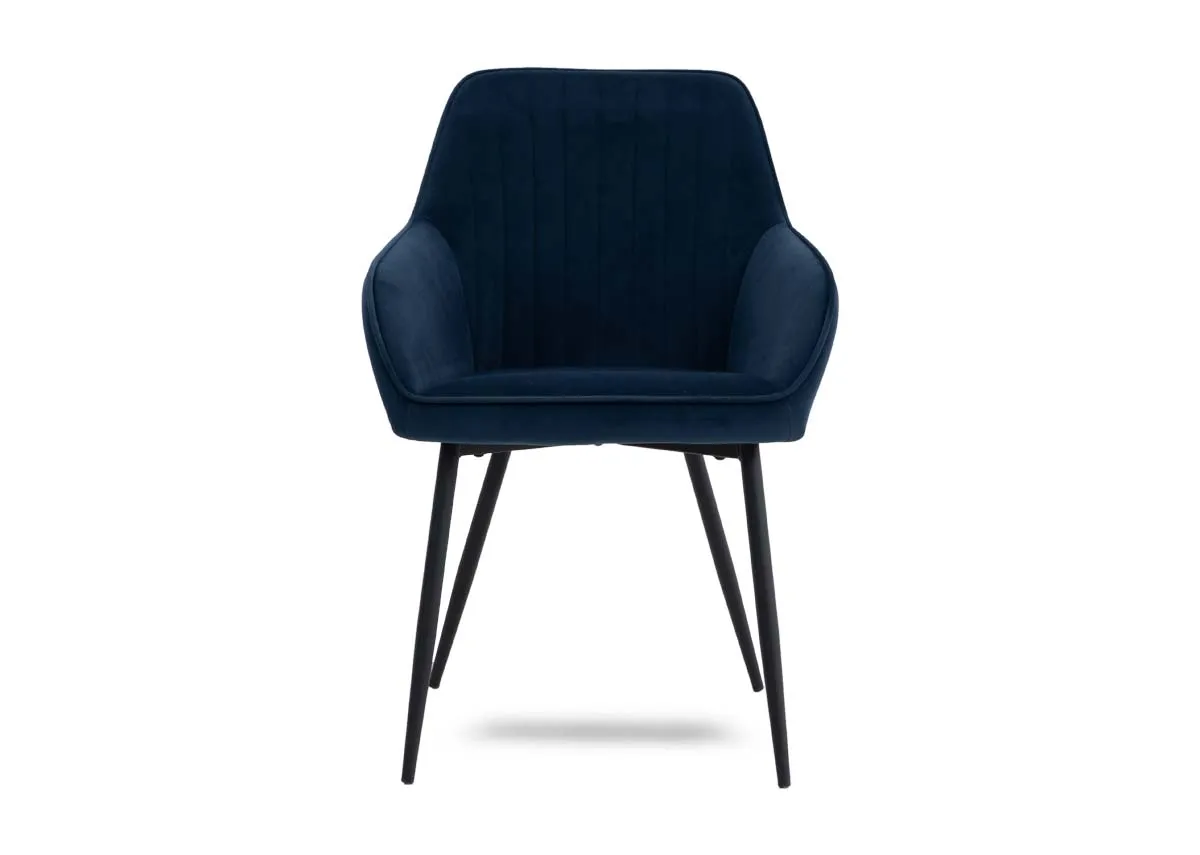 A dimension image of the Nolan chair in blue with 58cm x 59cm x 84cm