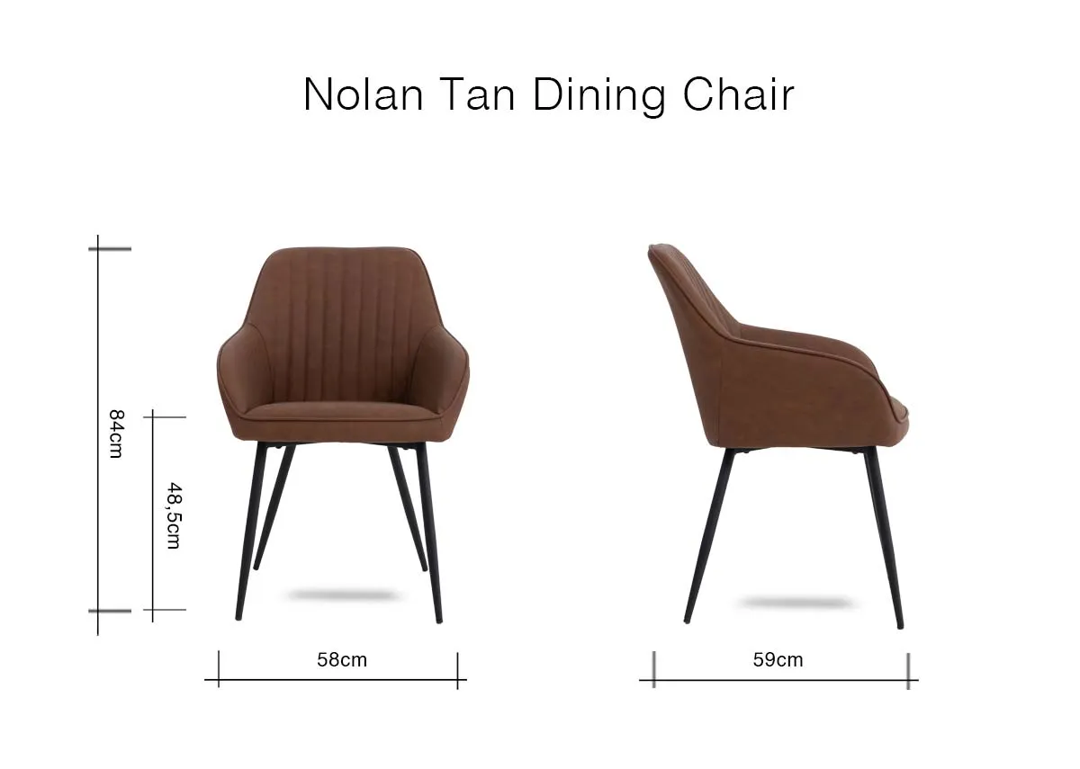 A dimension image of the Nolan Tan chair with 58cm x 59cm x 84cm x 47.5 Seat