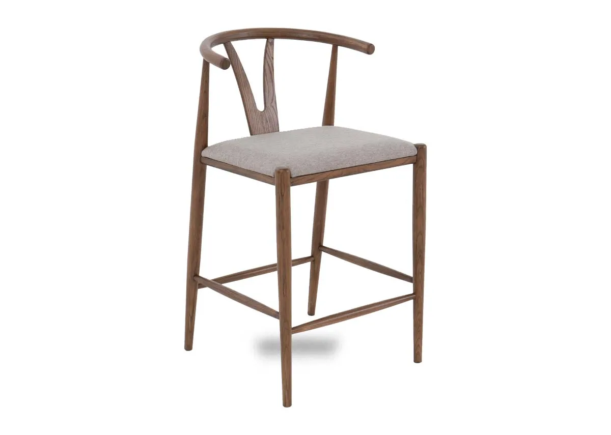 A chestnut frame bar stool with fabric seat from EZ Livings Cape range. Angled view.