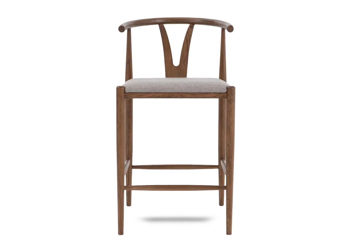 A chestnut framed bar stool with fabric seat from EZ Livings Cape range. Front view of wishbone shaped back.