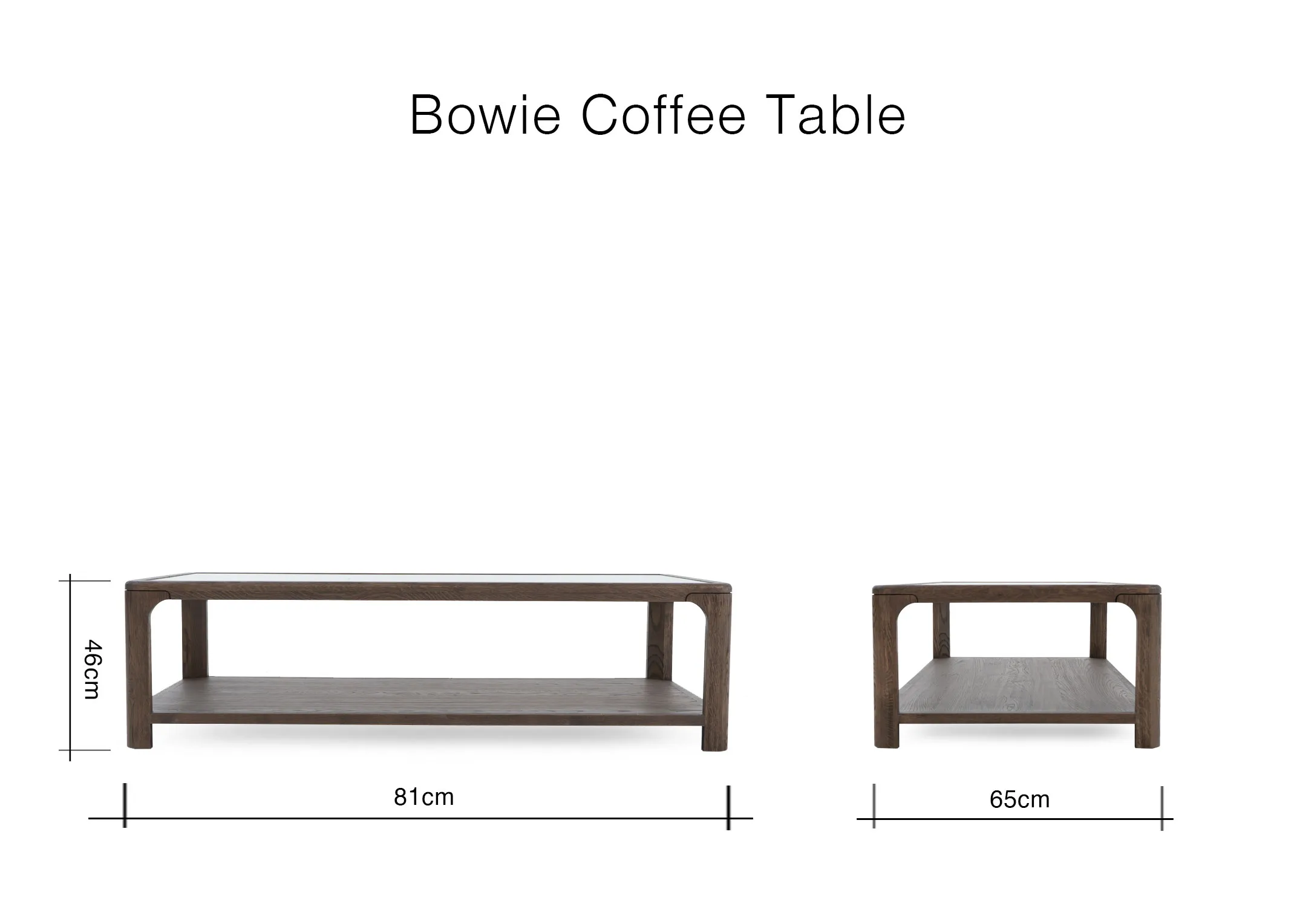 A dimension image of the Bowie Coffee table with 81cm x 65cmx 45cm