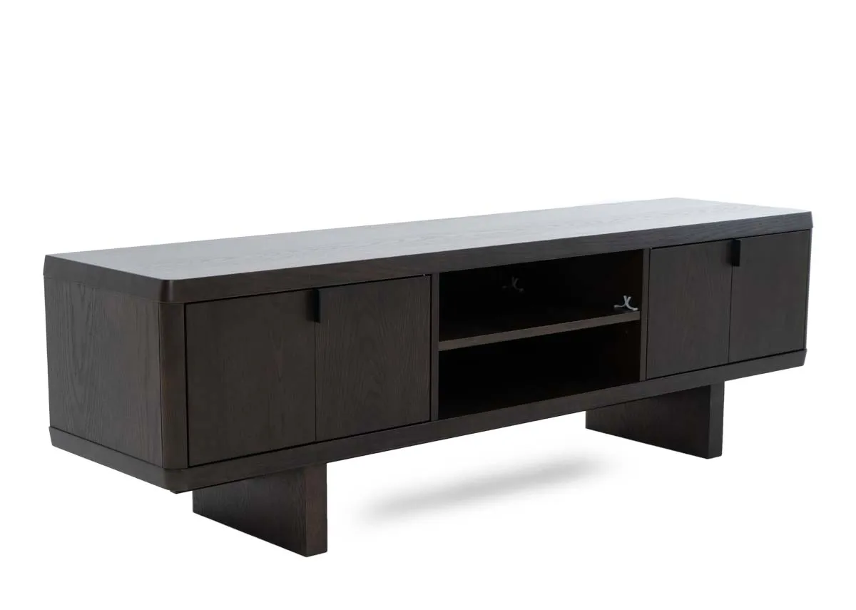 A dark brown 2 door tv unit from EZ Livings Rimini range. Angled view.