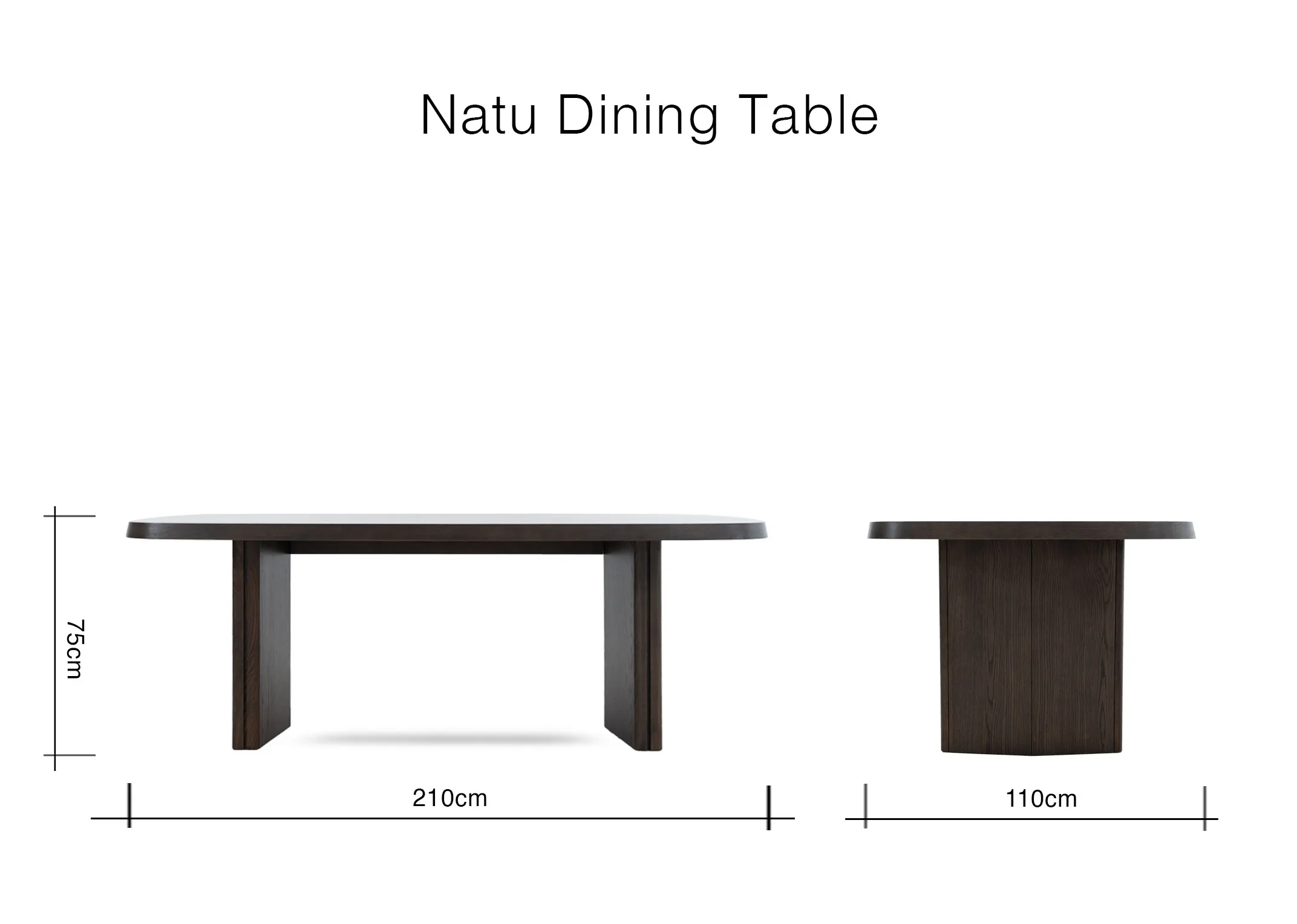 A dimension image of the Natu dining table with 210cm x 110cm x 75cm
