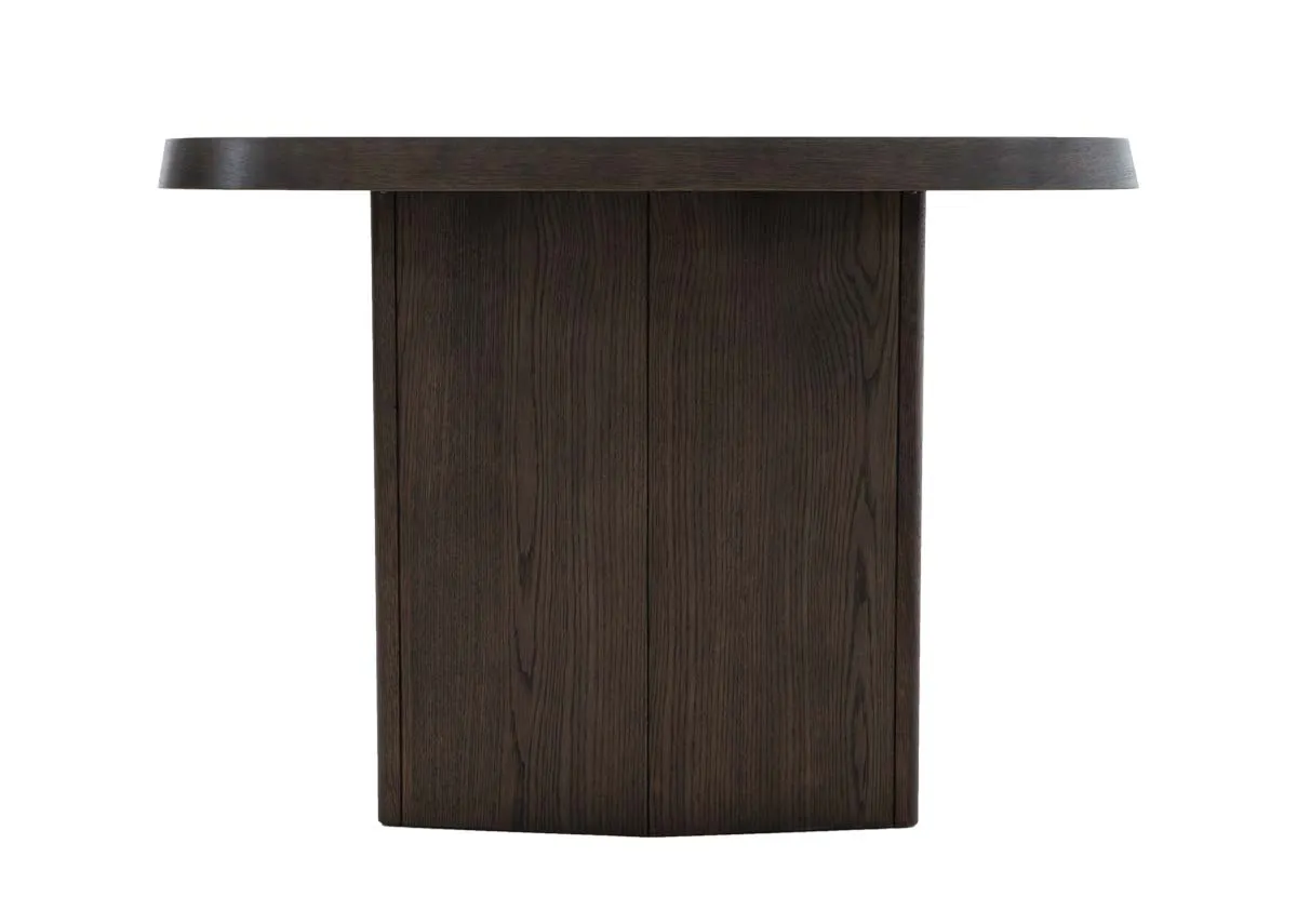 A dark brown wood dining table from EZ Livings Natu range.Side view of angled braced legs