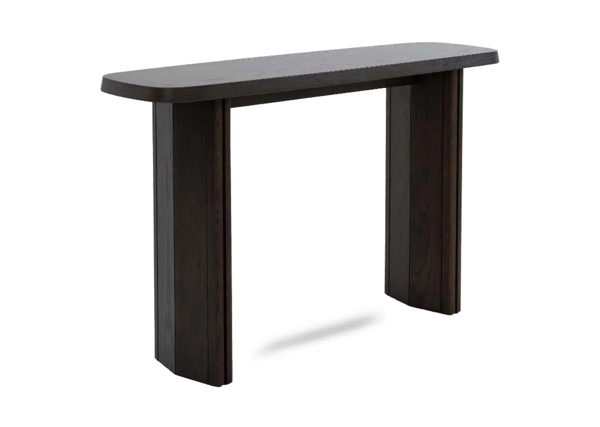 An angled view of a brown wide console table from EZ Livings Rimini range.