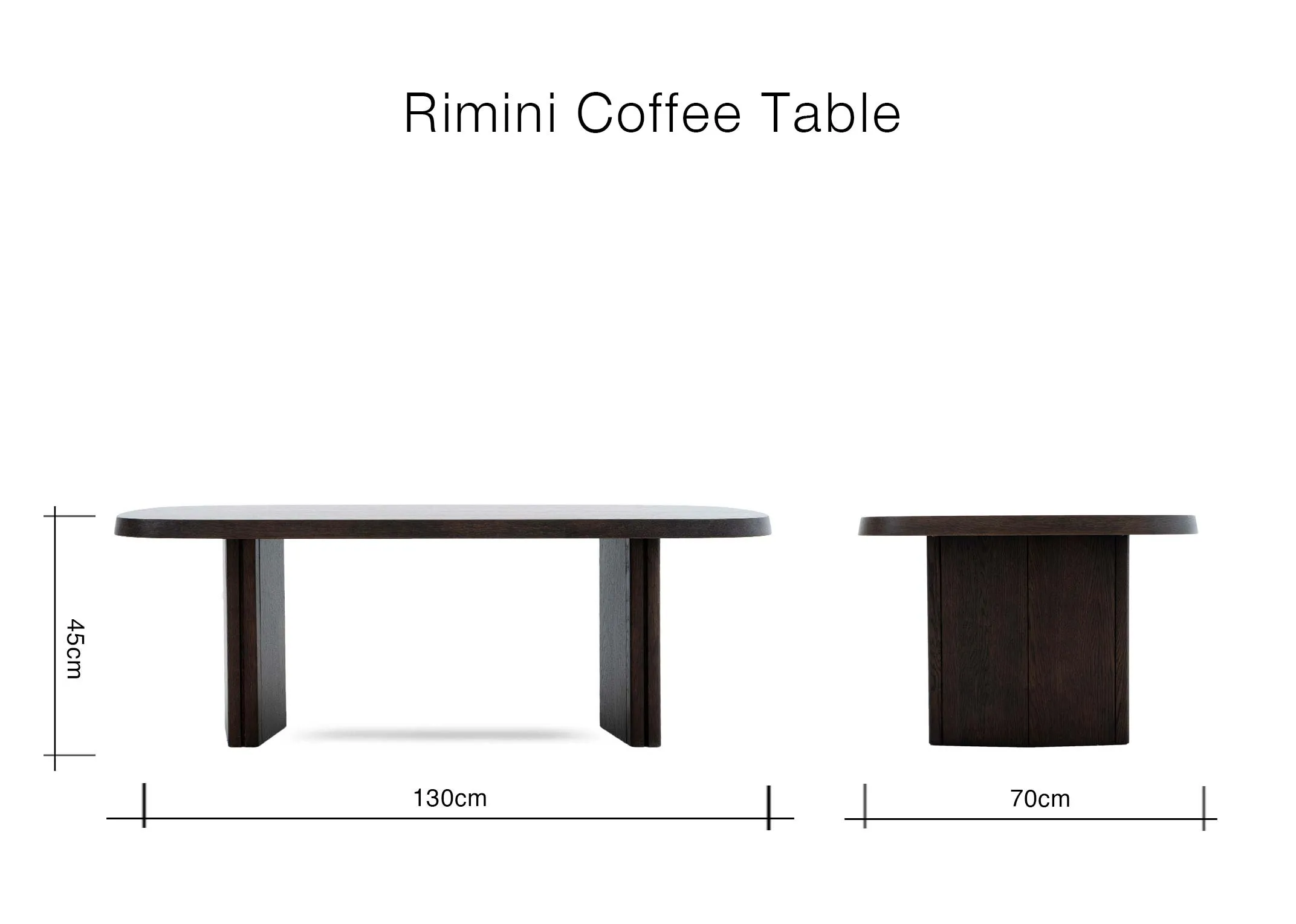 A dimension image of the Rimini Coffee Table with 130cm x 70cm x 45cm