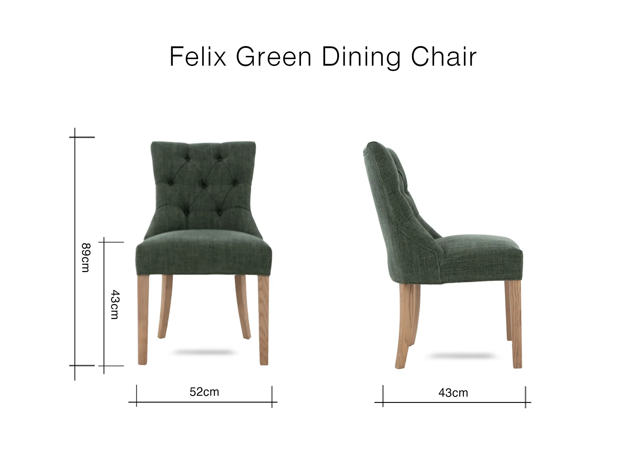 A dimension image of the Felix Green dining chair with 52cm x 43cm x 89cm