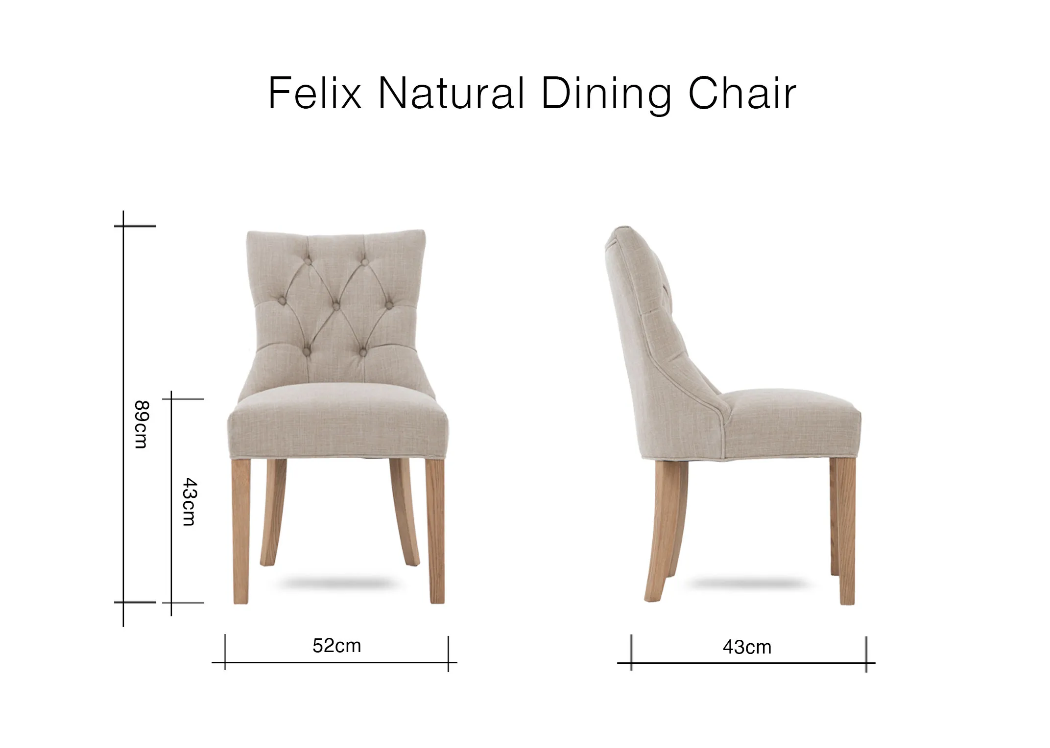 A dimension image of the Felix dining chair with 52cm x 89cm