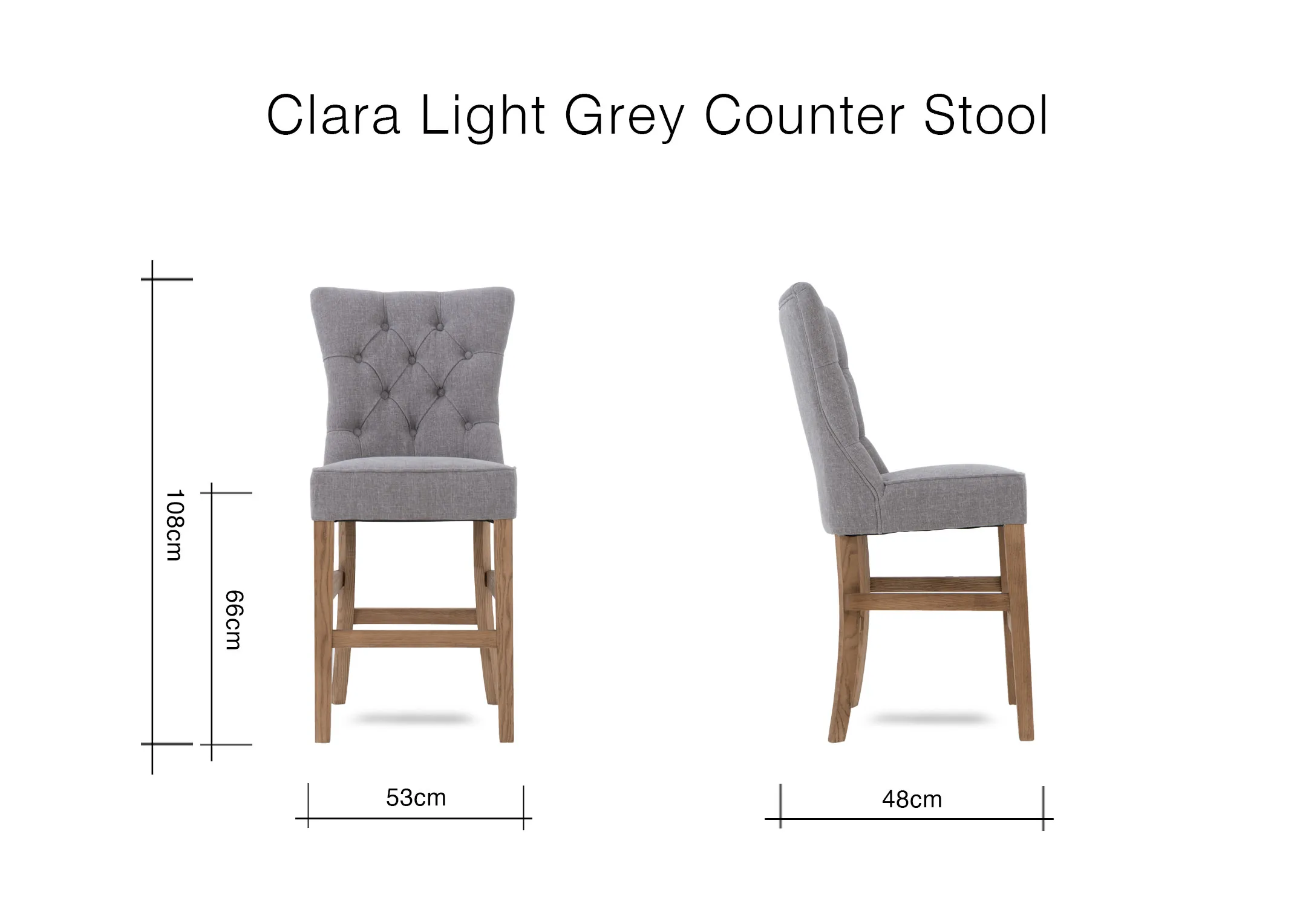 A dimension image of the grey Clara counter stool with light legs 101cm H x 52cm W x 56cm D