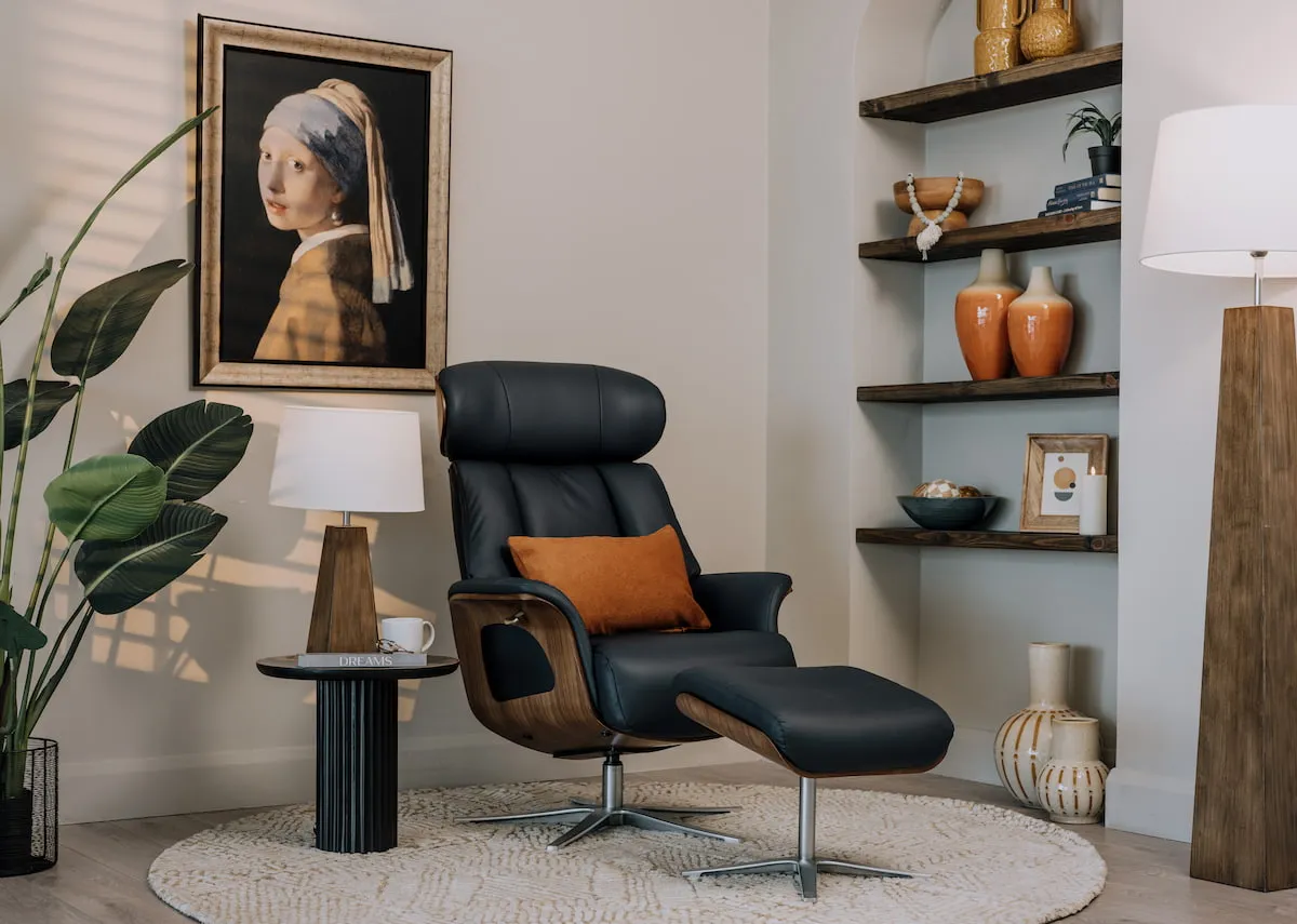 Navy Leather Recliner Swivel Chair & Footstool - Kendal