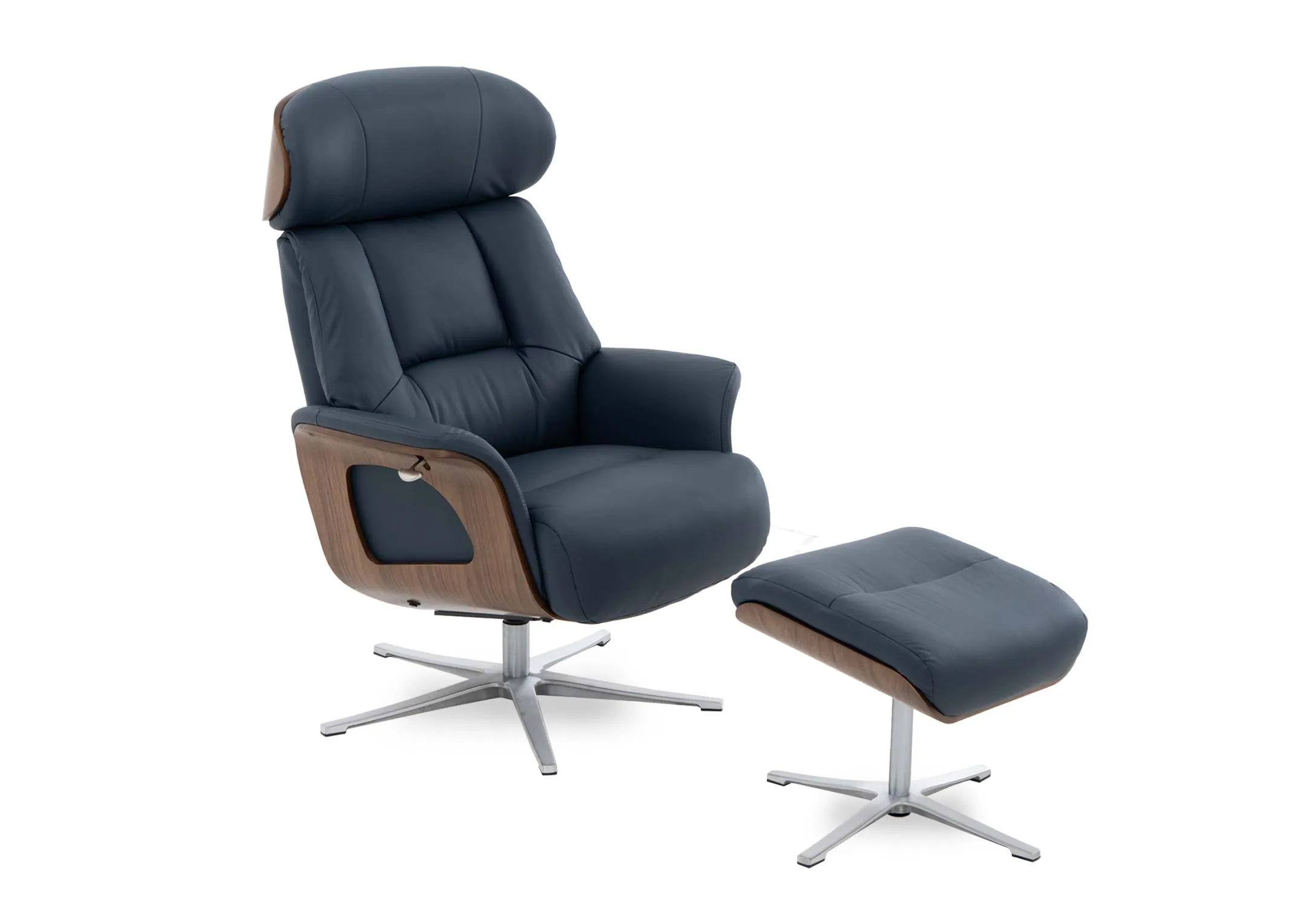 Navy Leather Recliner Swivel Chair & Footstool - Kendal