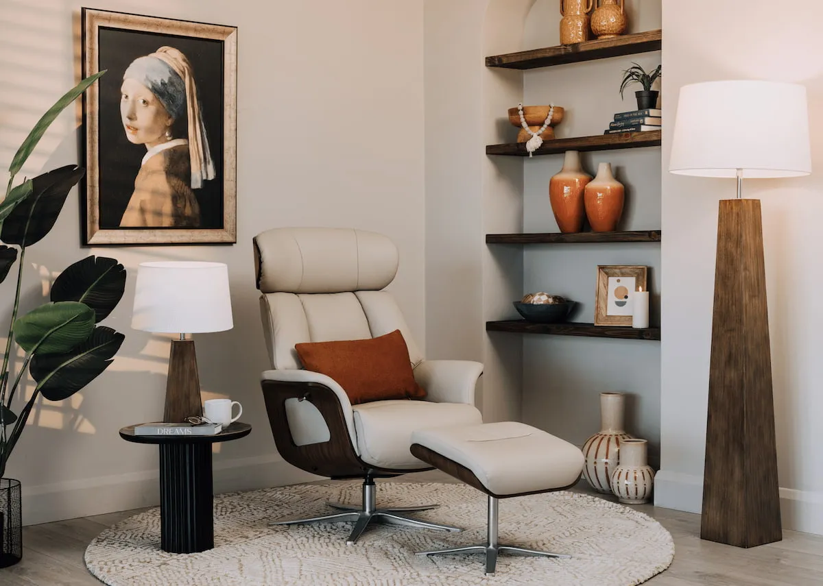 Cream Leather Recliner Swivel Chair & Footstool - Kendal