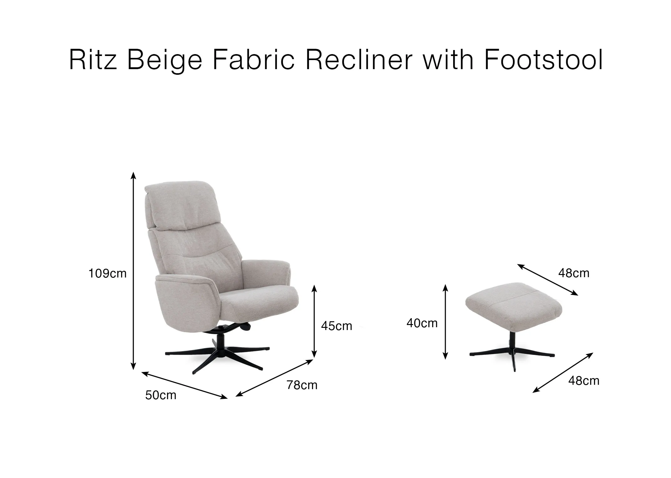 A dimension image of the Ritz Recliner & Footstool with 78cm 48cm x 109cm x 41cm