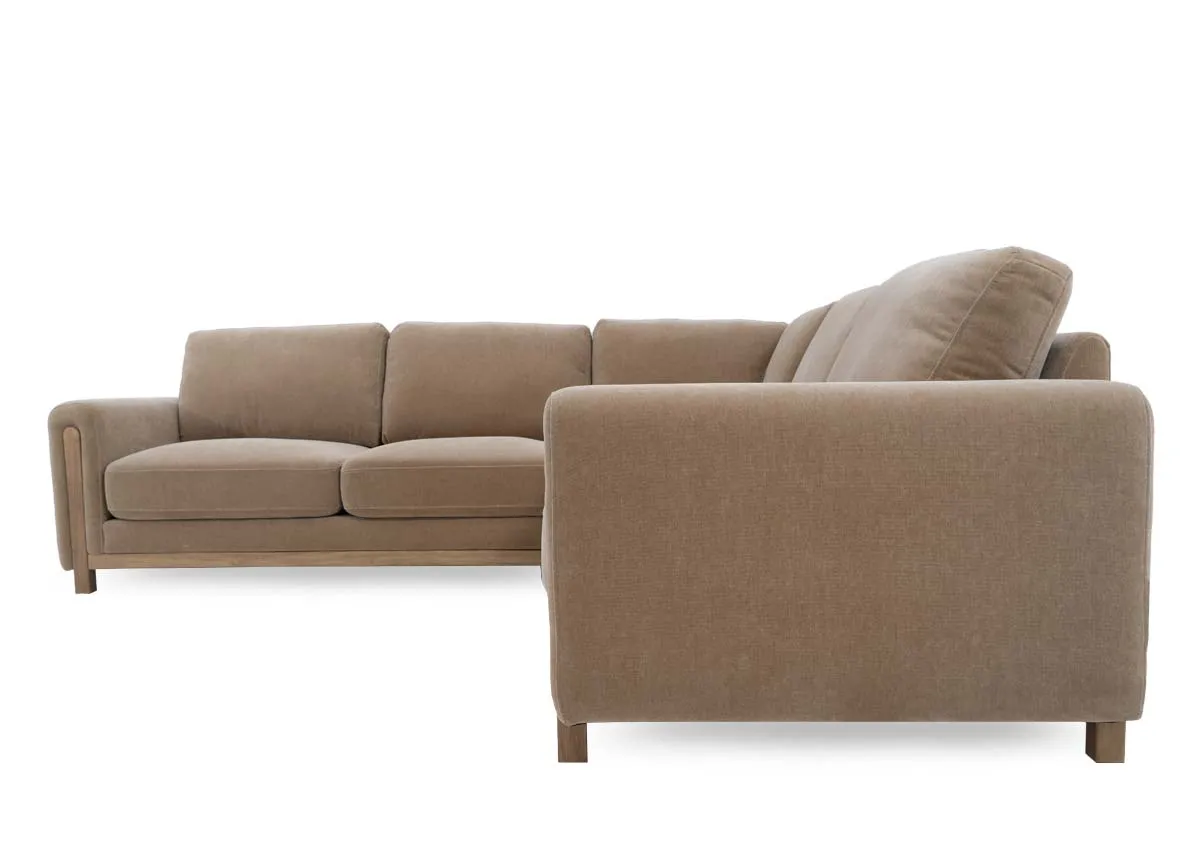 A taupe fabric corner sofas from EZ Livings Miller rangeSide view of wooden feet