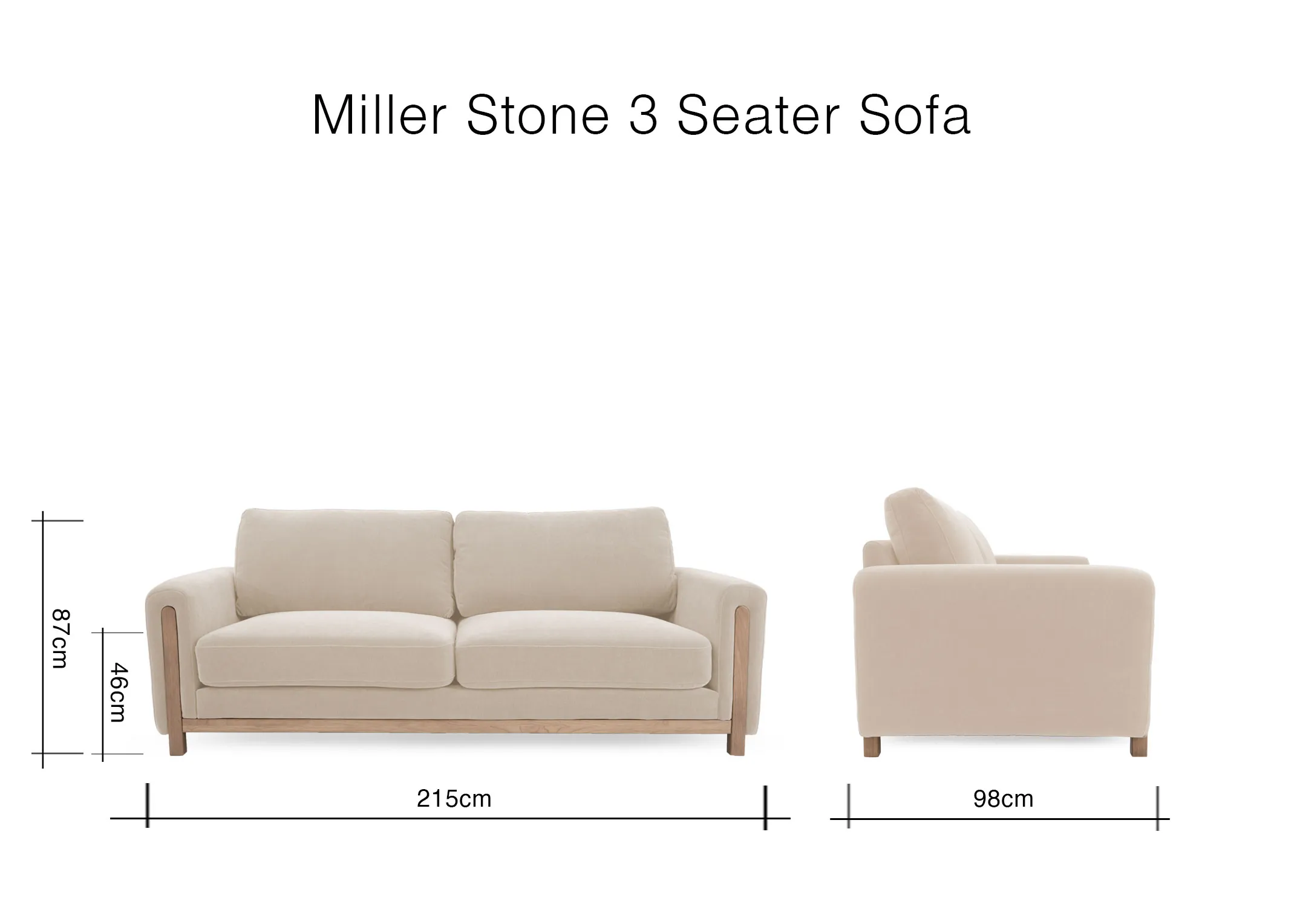 A dimension image of the Miller 3 Saeter sofa with 215cm x 98cm x 87cm