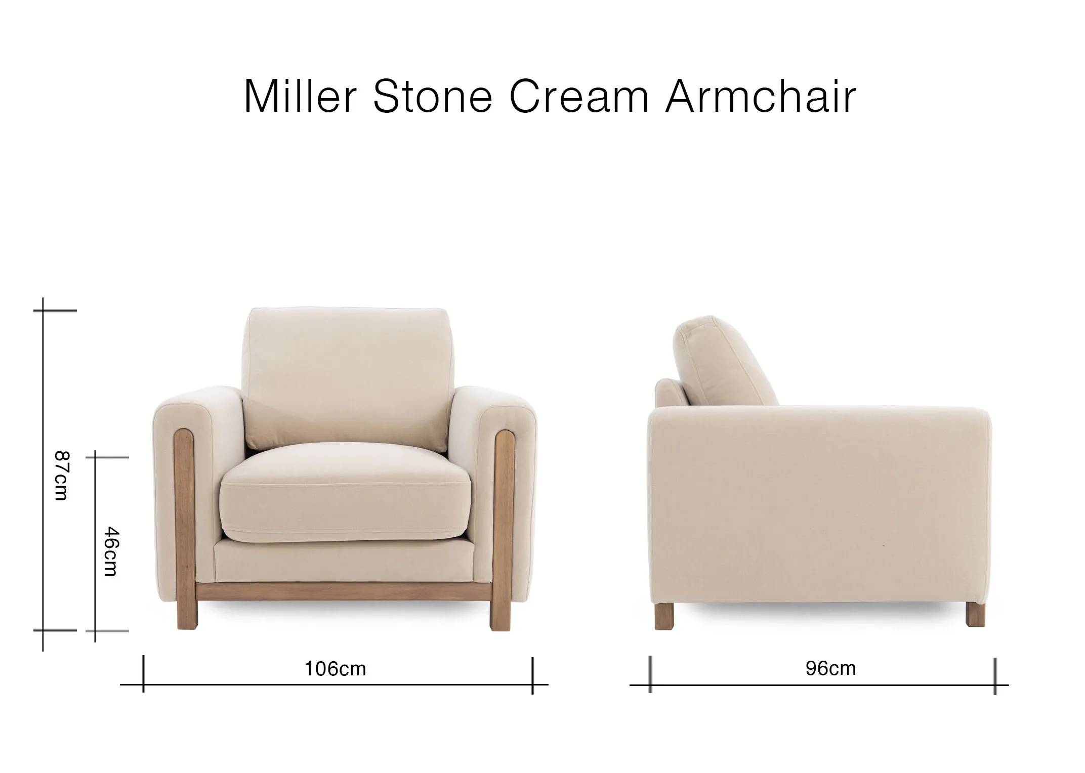 A dimension image of the Miller cream armchair with 102cm x 98cm x 87cm