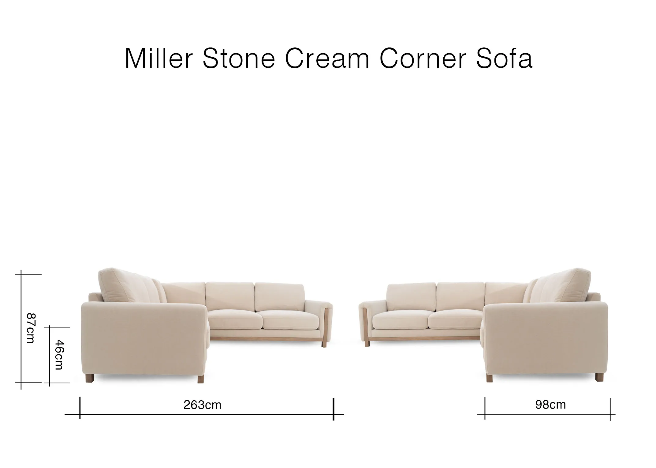 A dimension image of the Miller mink corner sofa with 263cm x 98cm x 87cm