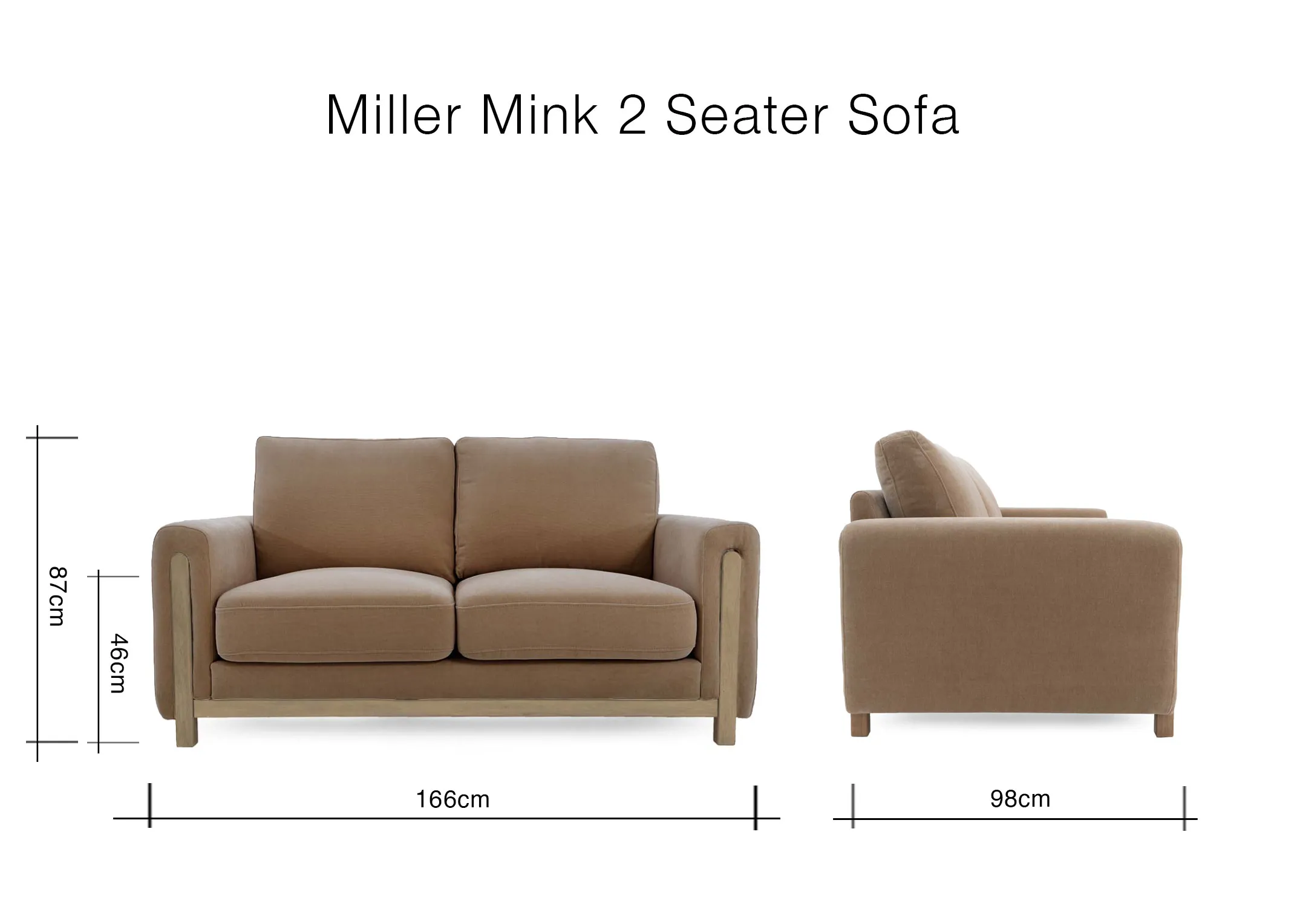 A dimension image of the Miller mink 2 seater sofa with 160cm x 96cm x 87cm