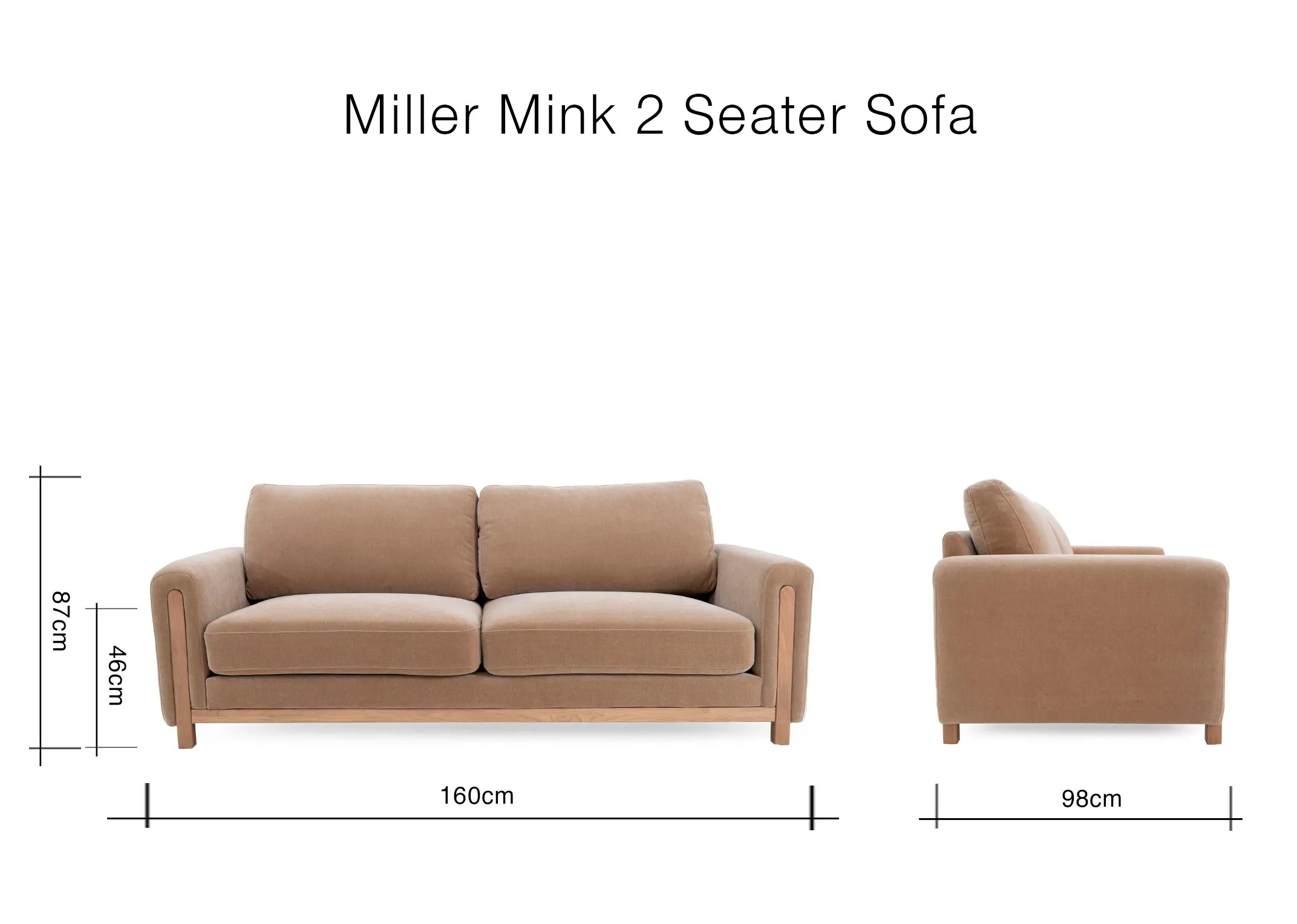 A dimension image of the Miller mink 2 seater sofa with 160cm x 96cm x 87cm
