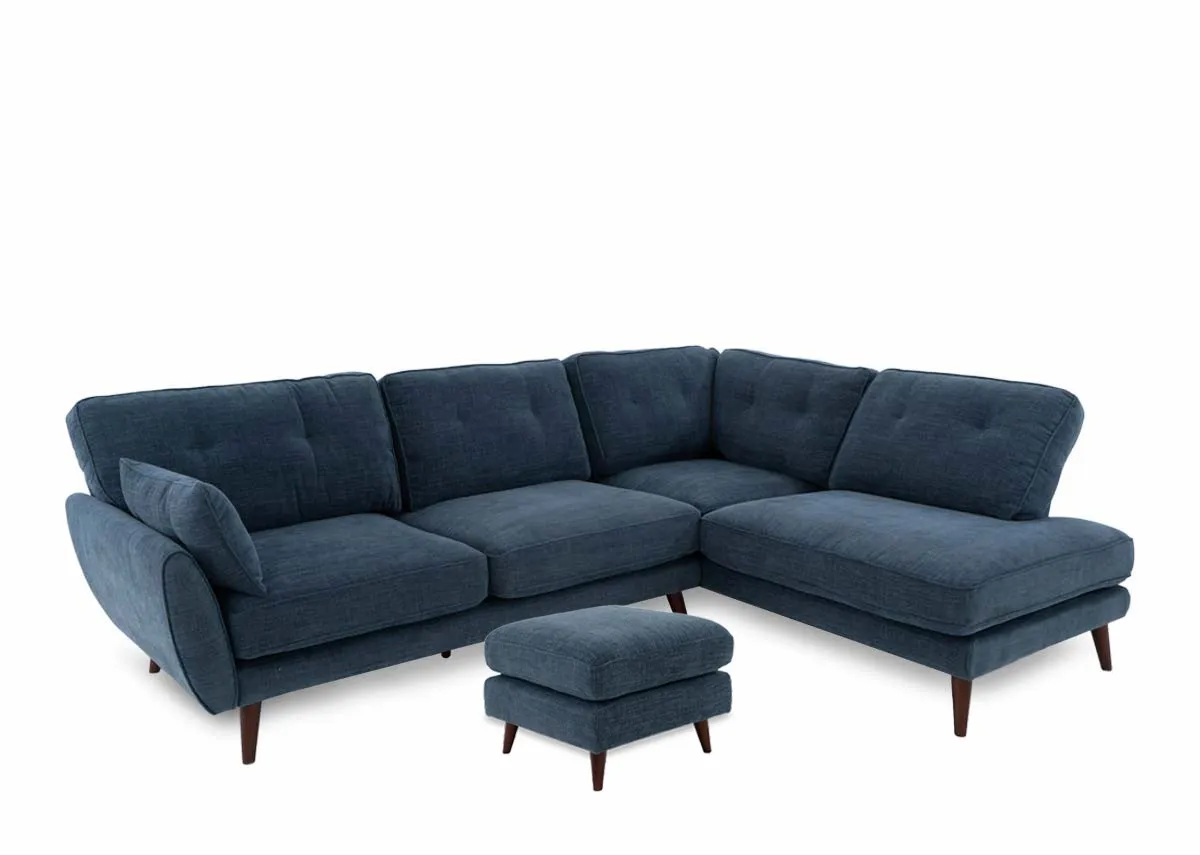 Denim Blue Fabric RHF Corner Chaise with Free Footstool - Caoimhe