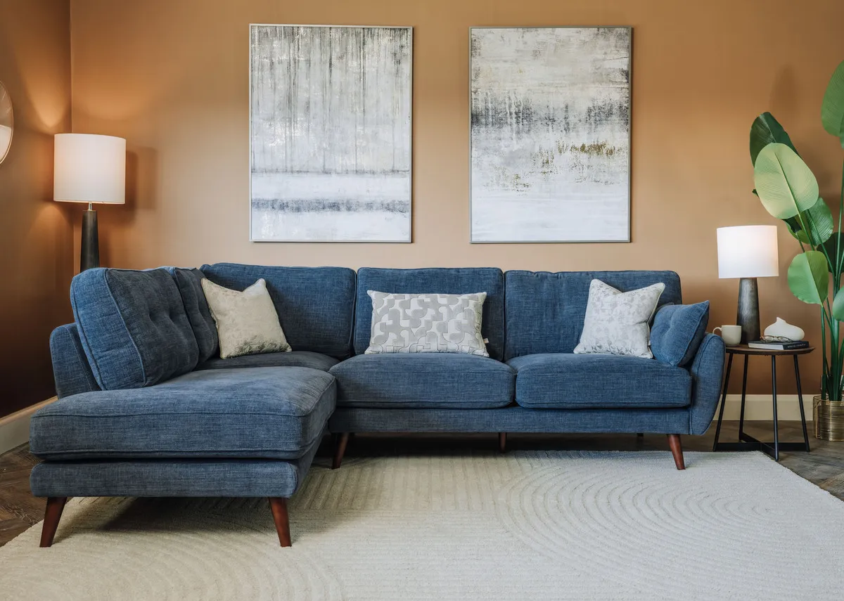 Denim Blue Fabric RHF Corner Chaise with Free Footstool - Caoimhe