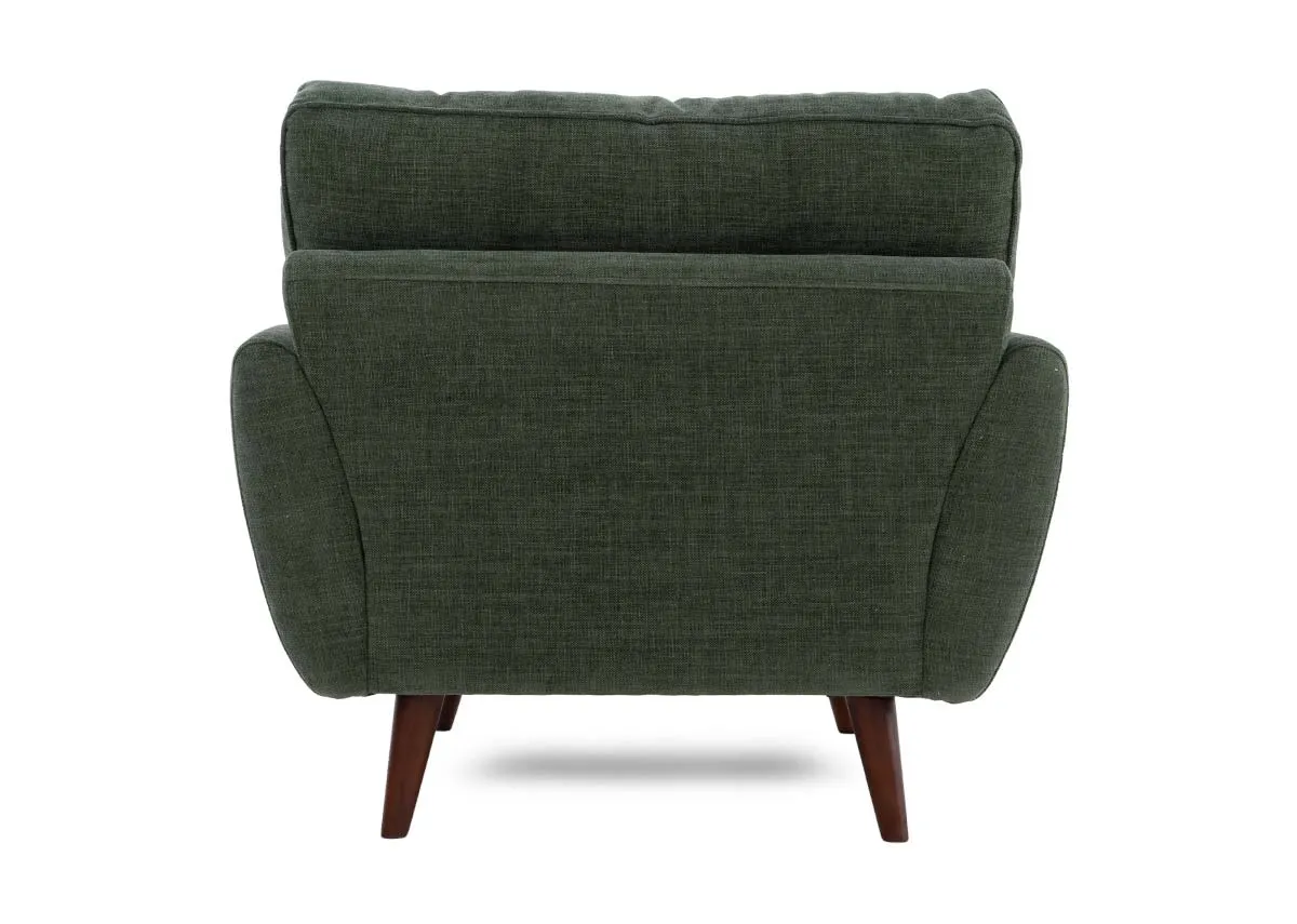 An olive green fabric armchair with retro shape from EZ Livings Caoimhe range. Back view of wide seat