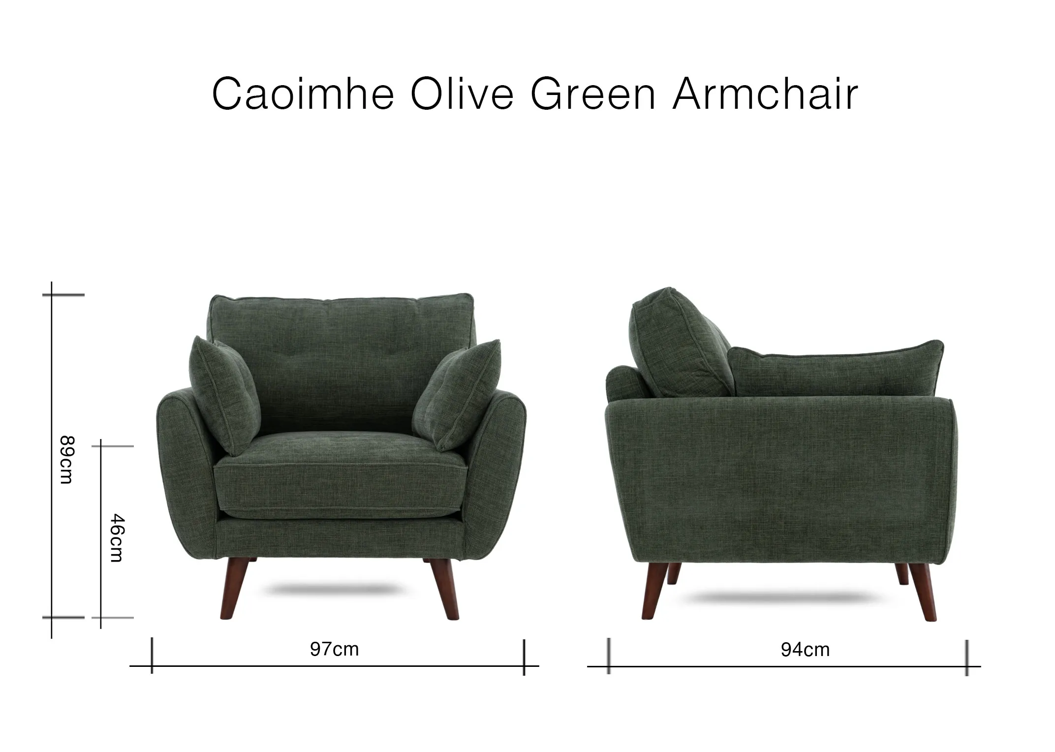 A dimension image of the Caoimhe Armchair with 97cm x 94cm x 89cm