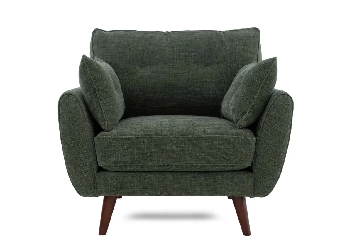 An olive green fabric armchair with retro shape from EZ Livings Caoimhe range. Front view of padded seat and side cushions