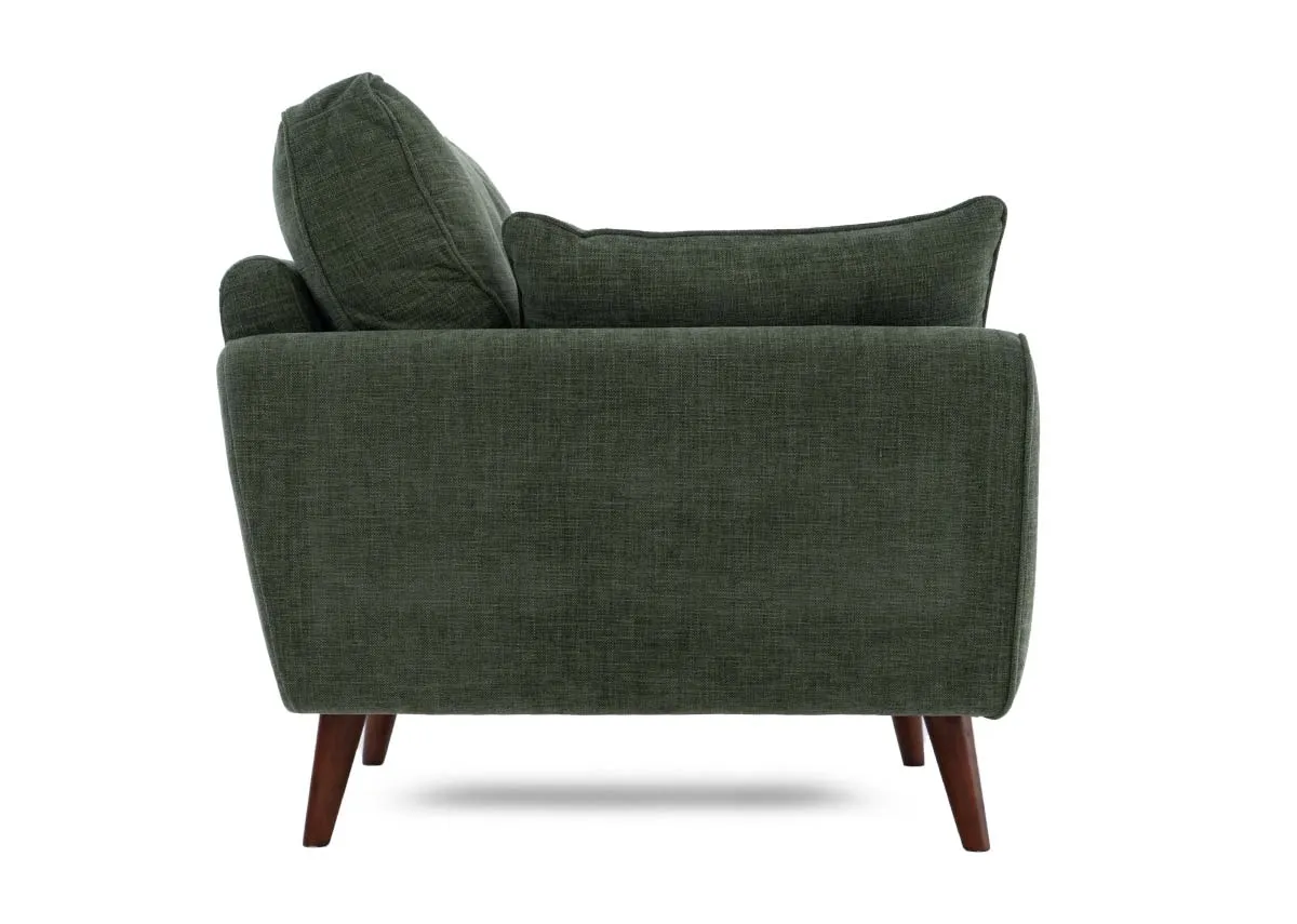 An olive green fabric armchair with retro shape from EZ Livings Caoimhe range. Side view