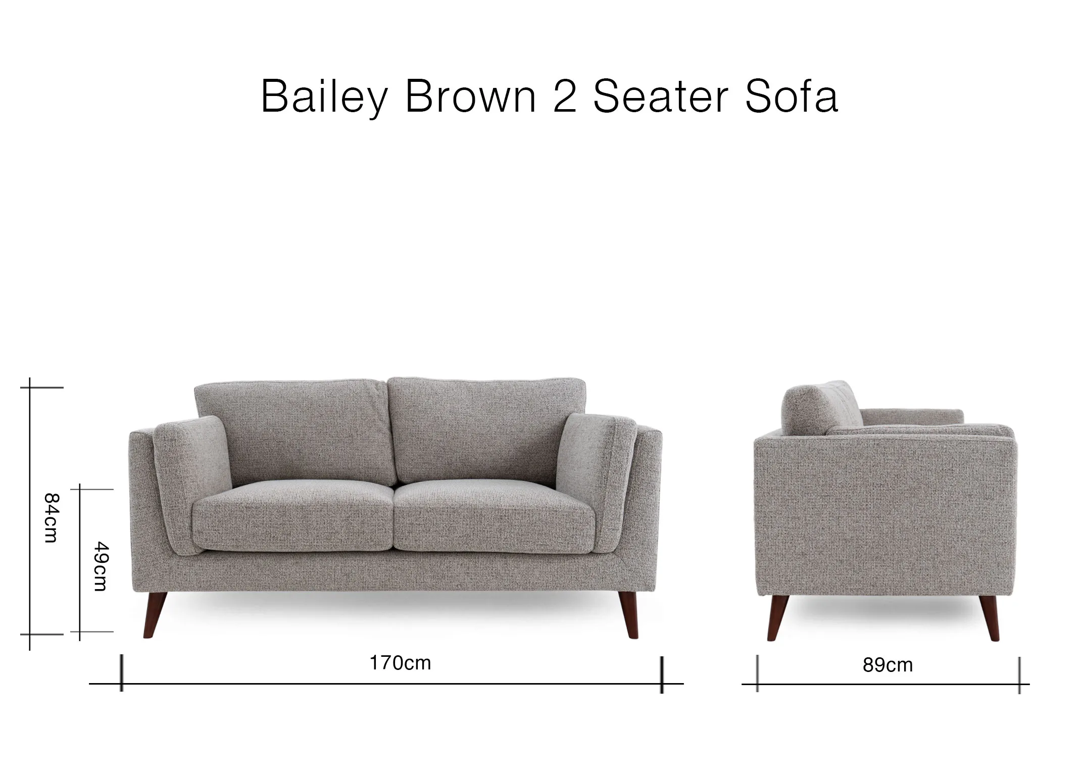 A dimension image of the Bailey 2 seater sofa with 170cm x 89cm x 84cm