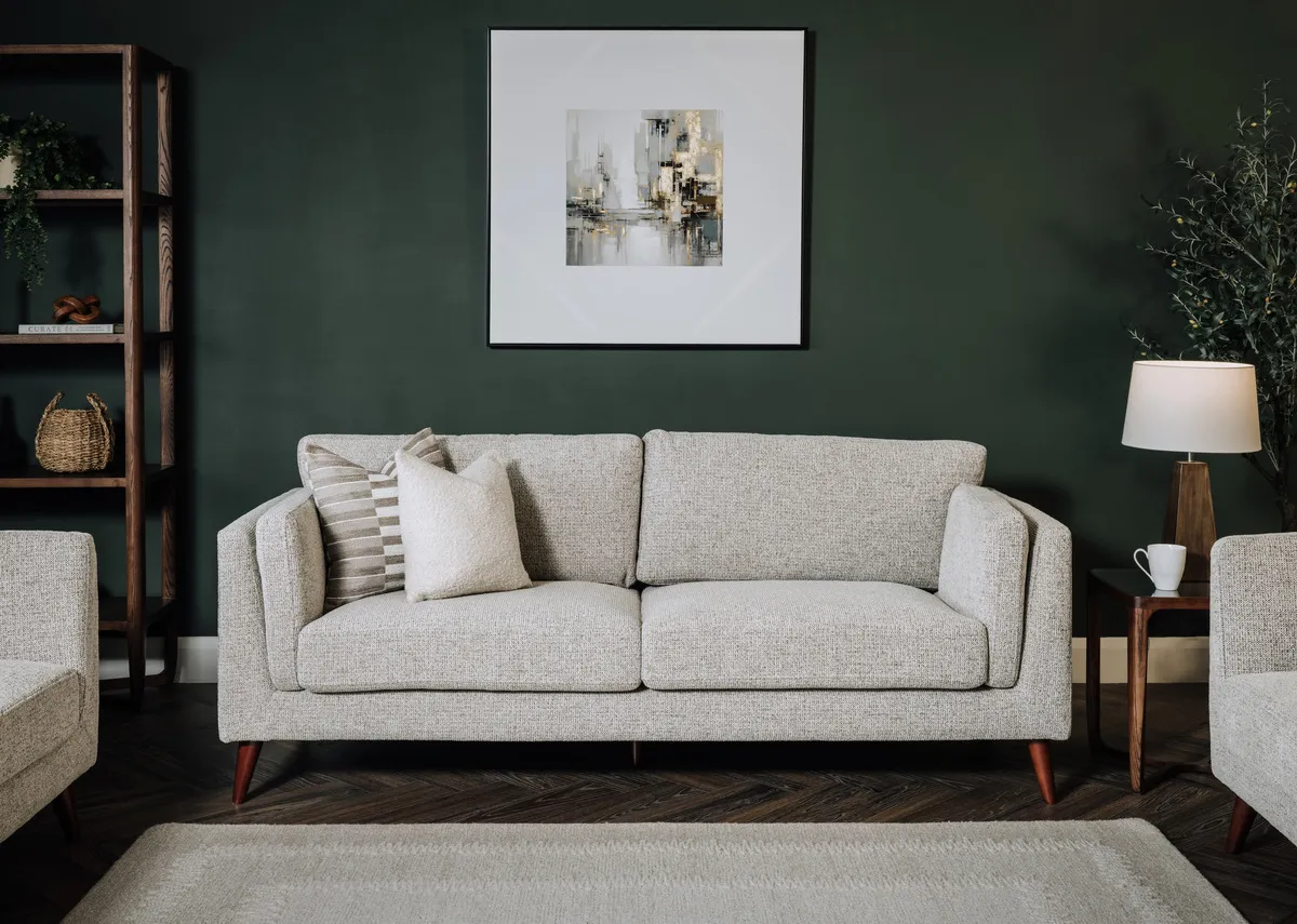 A lifestyle image of the Bailey 3 seater sofa with Elevate pictire and Cameo bookcase.