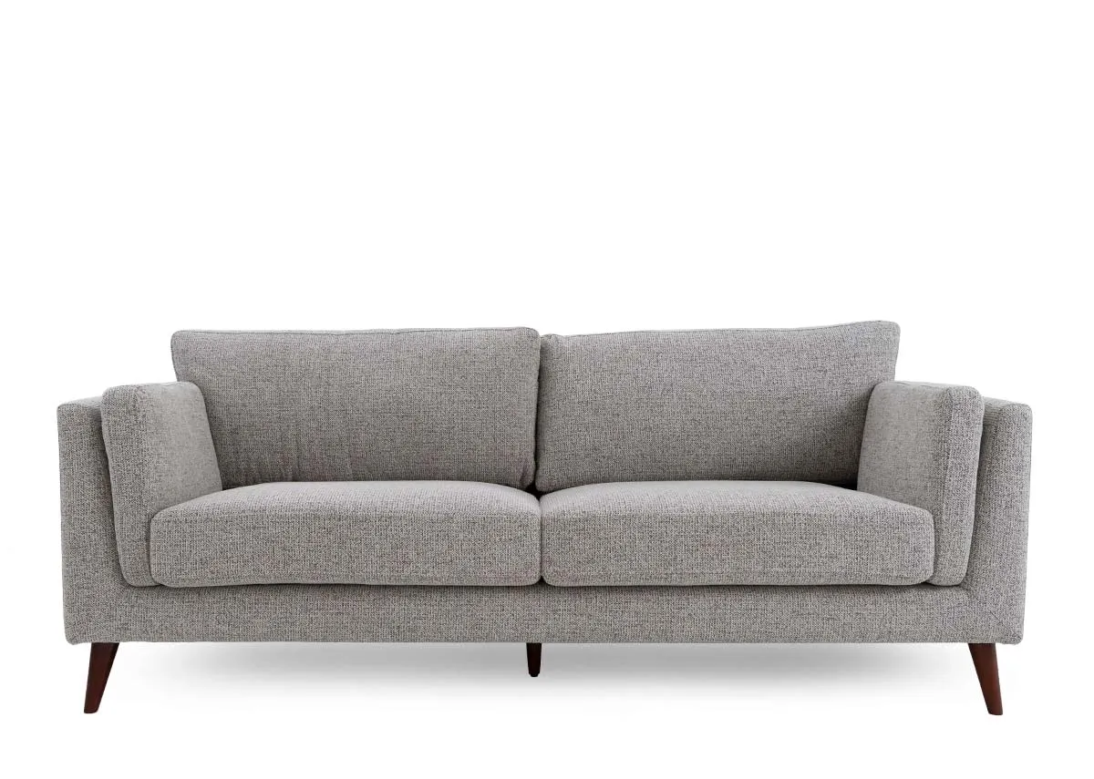 A light brown accent 3 seater sofa from EZ Livings Bailey range.Front view of tapered feet